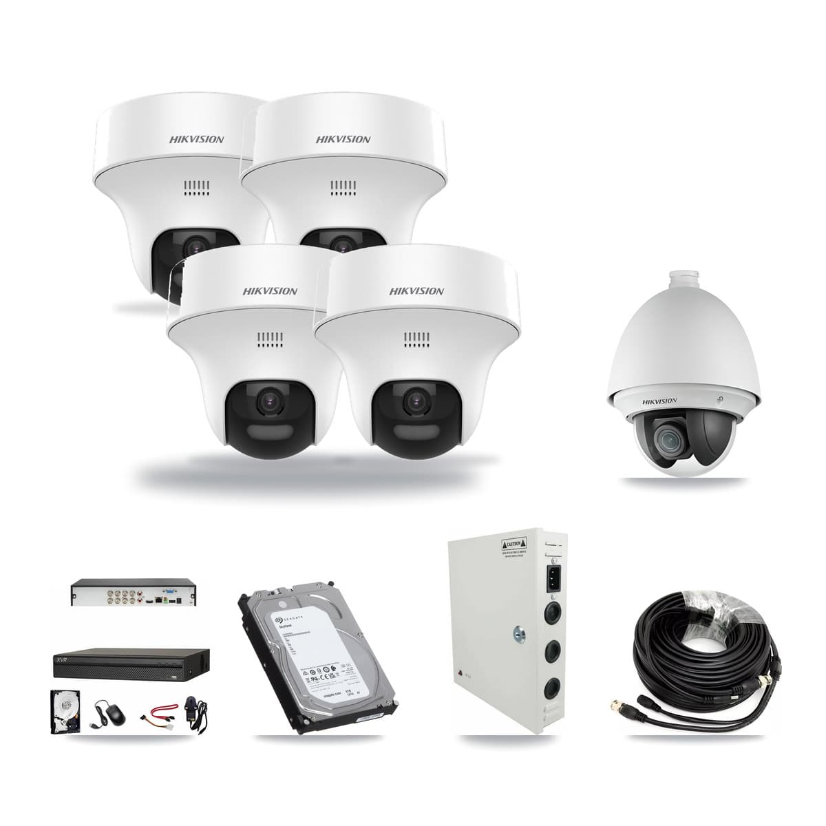 Hikvision & Dahua 8-Channel 2MP – 5MP CCTV Kit — 1 DS-2AE4225T 2MP PTZ + 4 DS-2CE70K0T 5MP Turret Cameras + 6TB Recording - Image 1