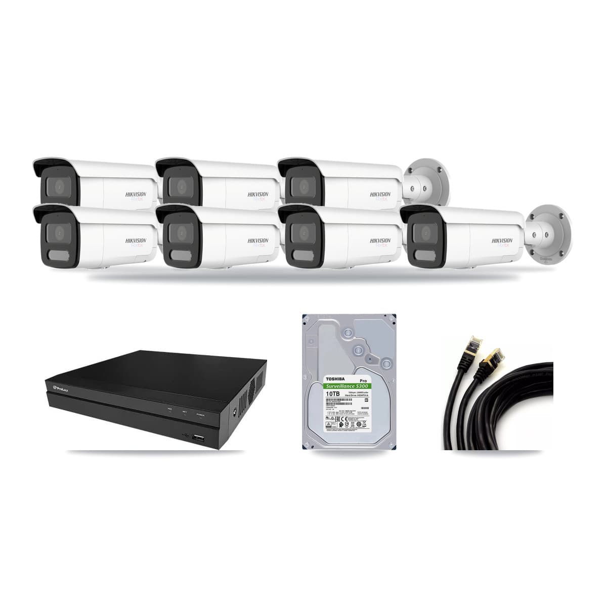 Hikvision & Prolux 8-Channel 4K CCTV Kit — 7 White Bullet Cameras + 10TB Recording - Image 1