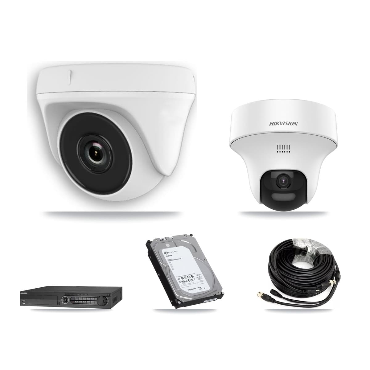 Hikvision 32-Channel 2MP – 5MP CCTV Kit — 1 DS-2CE70K0T 5MP Turret + 7 White HDT-2MP-N20W 2MP Dome Cameras + 6TB Recording (IDS-7332HUHI Recorder)