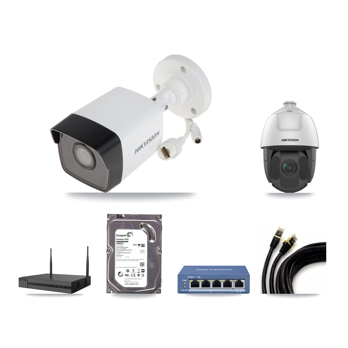 Hikvision & HiLook 4-Channel 2MP – 5MP CCTV Kit — 1 5MP Bullet + 1 2MP PTZ Cameras + 2TB Recording
