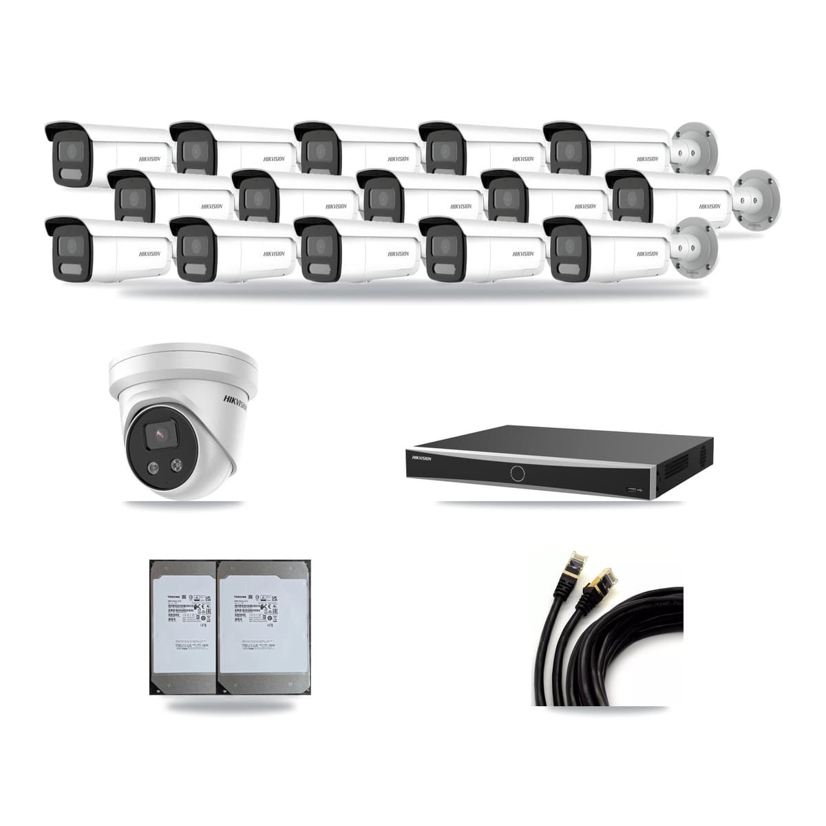 Hikvision 16-Channel 4MP – 5MP CCTV Kit — 15 4MP Bullet + 1 5MP Turret Cameras + 2× 14TB Recording (DS-7616NXI Recorder) - Image 1