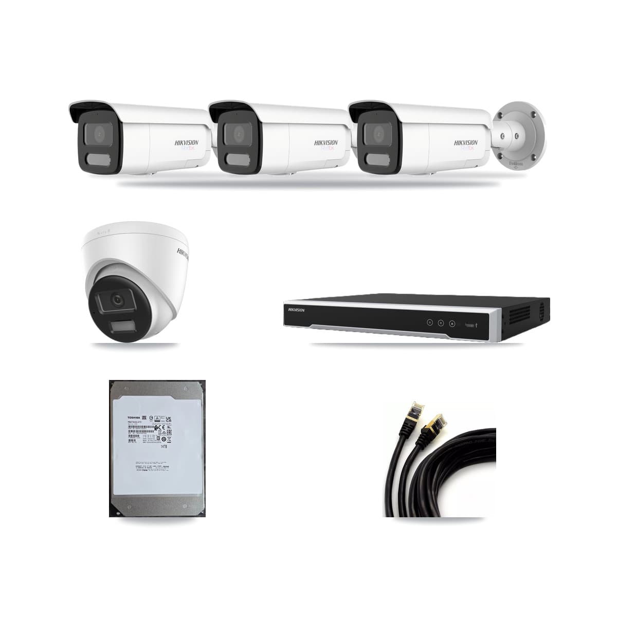 Hikvision 8-Channel 4K CCTV Kit — 1 DS-2CD1383G2-LIUF/SL Turret + 3 White DS-2CD2T87G2H-LISU/SL-2.8MM-W Bullet Cameras + 14TB Recording (DS-7608NI-M2/8P Recorder) - Image 1