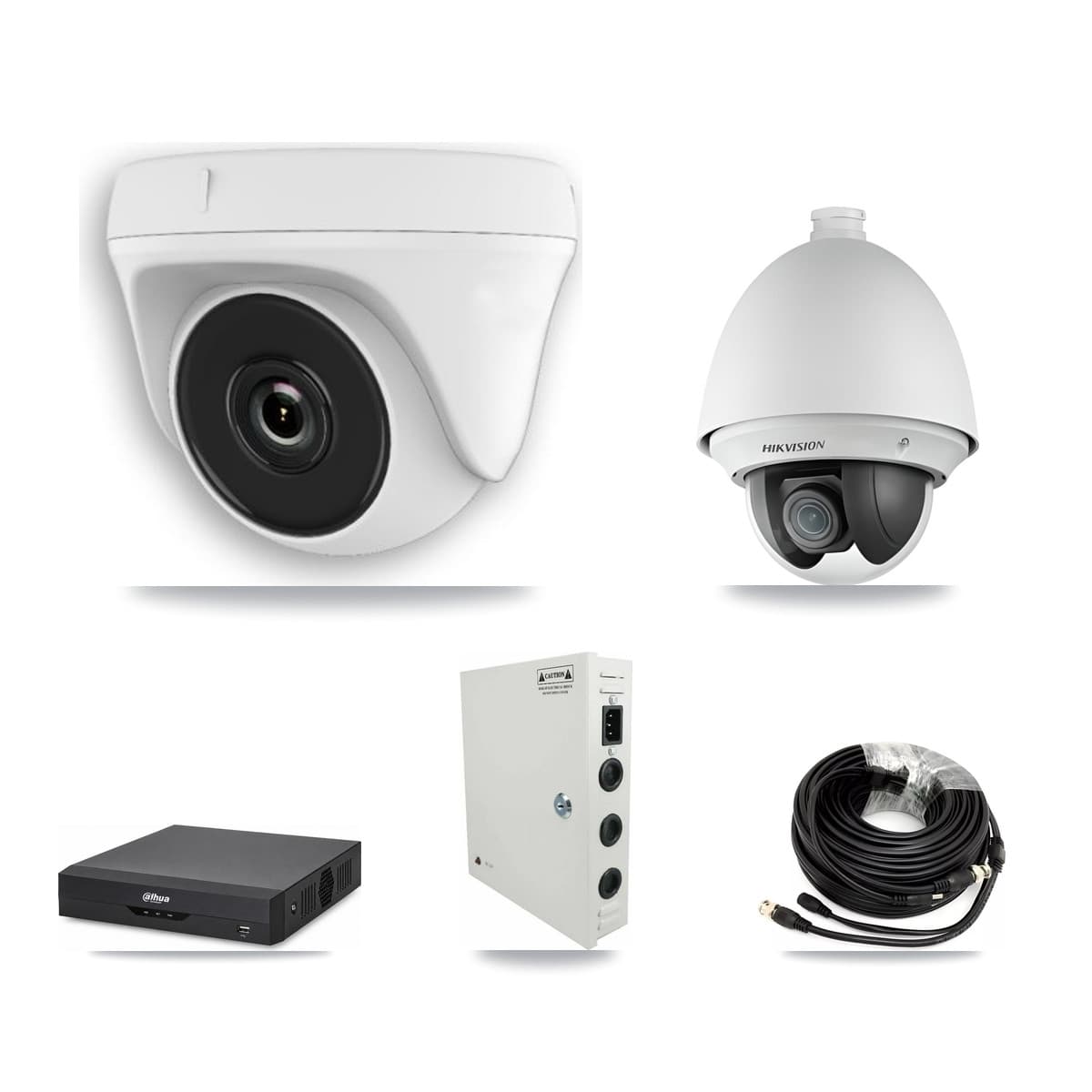 Hikvision & Dahua 4-Channel 2MP CCTV Kit — 1 DS-2AE4225T PTZ + 3 White HDT-2MP-N20W Dome Cameras + 3TB Recording