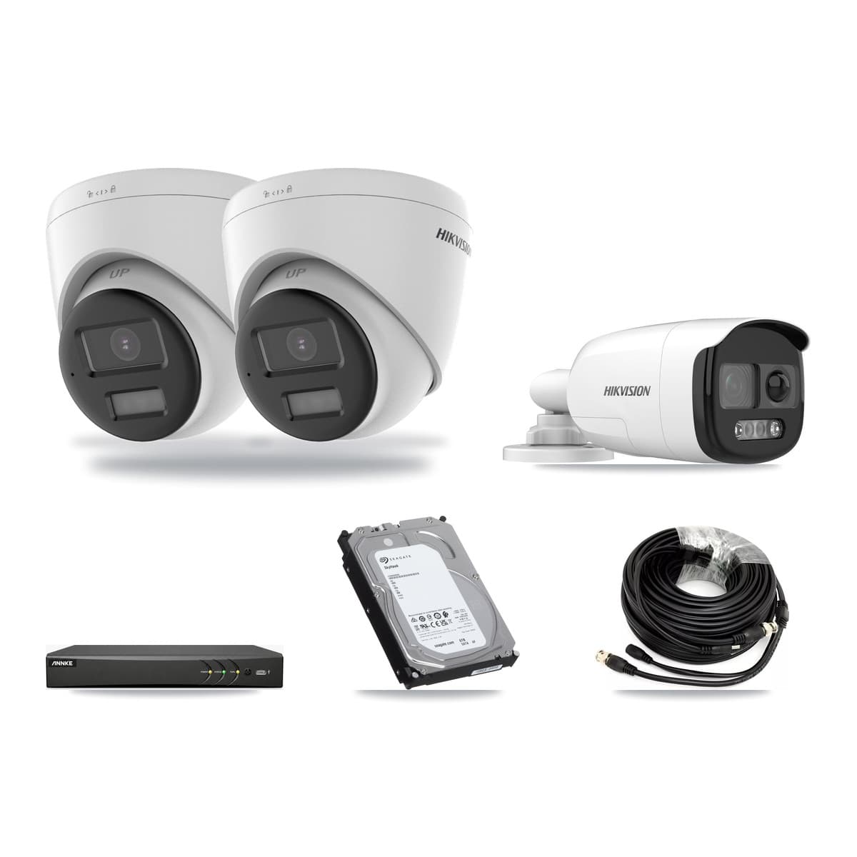 Hikvision & ANNKE 4-Channel 5MP – 4K CCTV Kit — 1 DS-2CE12KF3T 5MP Bullet + 2 DS-2CE78U0T 4K Turret Cameras + 6TB Recording - Image 1