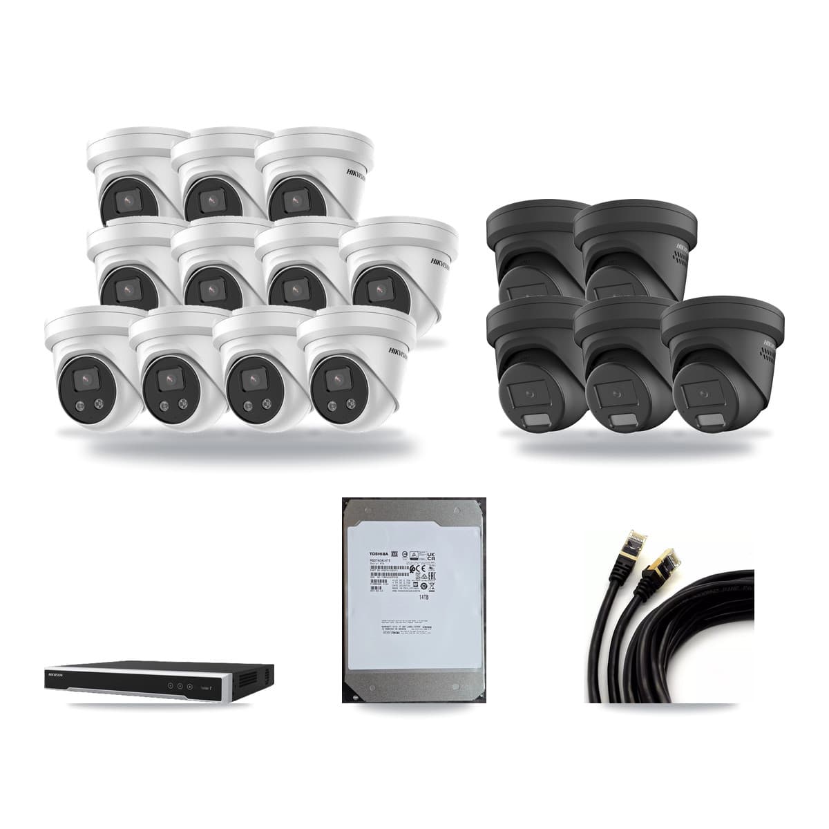 Hikvision 16-Channel 4MP – 5MP CCTV Kit — 5 Black 4MP + 11 5MP Turret Cameras + 14TB Recording (DS-7616NI-M2 Recorder) - Image 1
