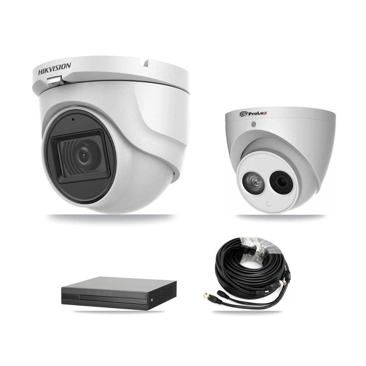 Hikvision & Prolux 4-Channel 4MP – 5MP CCTV Kit — 1 DS-2CE76H0T 5MP + 1 PXC-612C4W-A 4MP Turret Cameras + 3TB Recording (XVR-3104HS Recorder) - Image 1