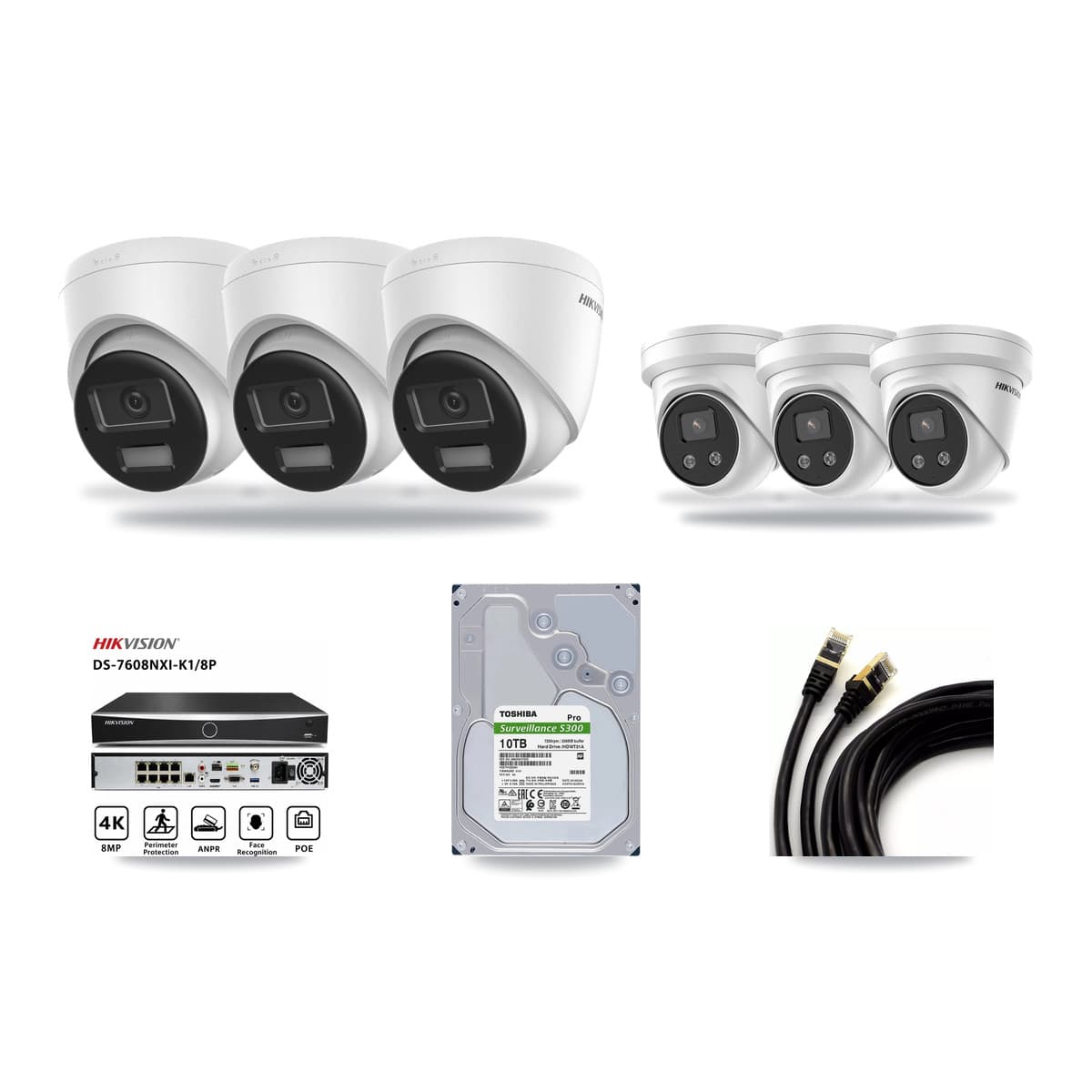 Hikvision 8-Channel 5MP – 4K CCTV Kit — 3 DS-2CD1383G2-LIU 4K + 3 DS-2CD3356G2-ISU 5MP Turret Cameras + 10TB Recording (DS-7608NXI-K1/8P Recorder) - Image 1