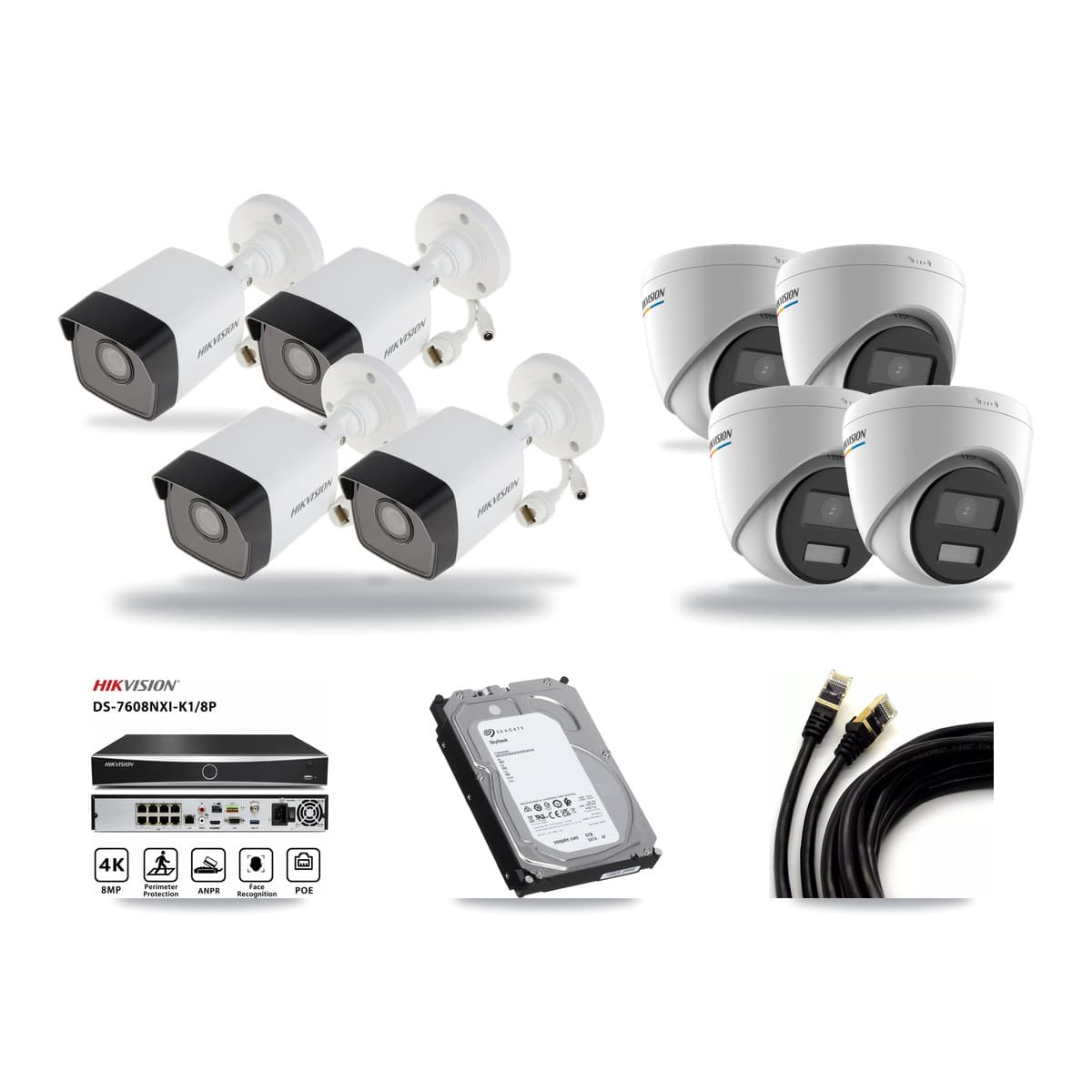 Hikvision 8-Channel 2MP – 5MP CCTV Kit — 4 5MP Bullet + 4 2MP Turret Cameras + 6TB Recording (DS-7608NXI Recorder) - Image 1
