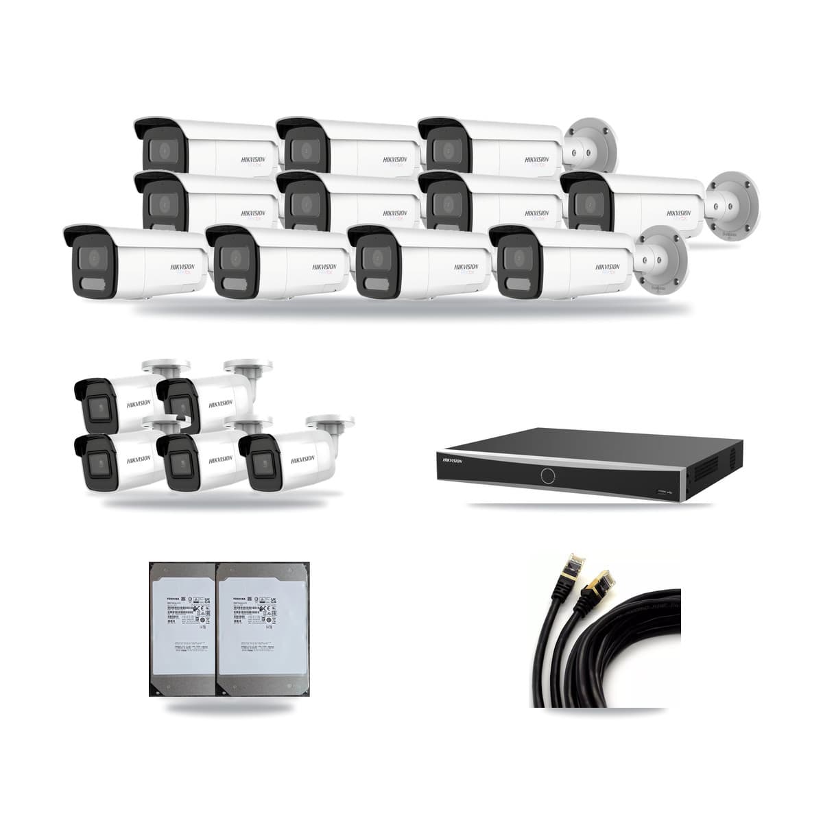Hikvision 16-Channel 4K CCTV Kit — 5 DS-2CD2085G1 + 11 White DS-2CD2T87G2H Bullet Cameras + 2× 14TB Recording (DS-7616NXI Recorder) - Image 1