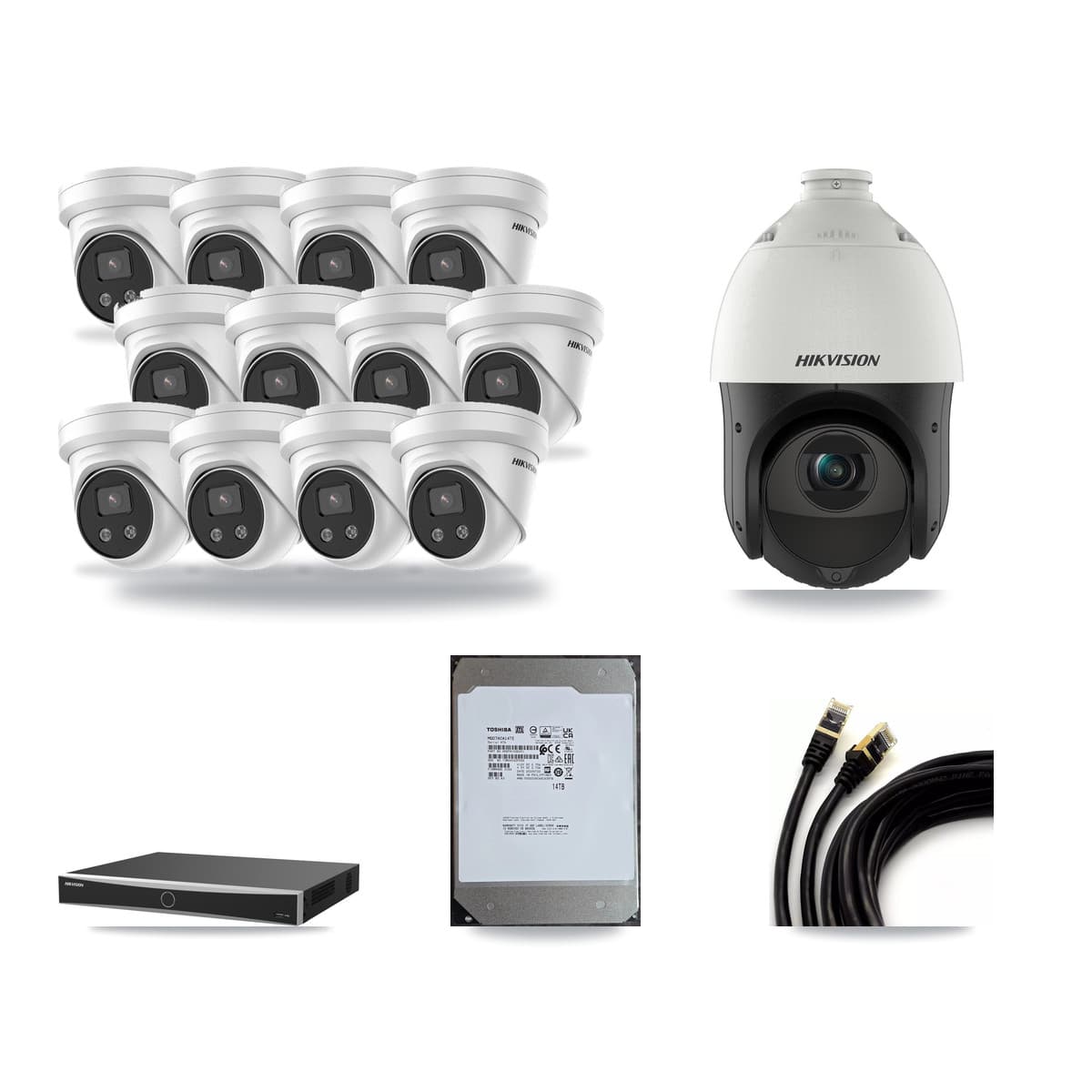 Hikvision 16-Channel 4MP – 5MP CCTV Kit — 12 5MP Turret + 1 4MP PTZ Cameras + 14TB Recording (DS-7616NXI Recorder) - Image 1