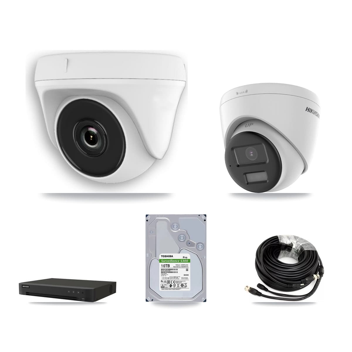 Hikvision 8-Channel 2MP – 4K CCTV Kit — 2 DS-2CE78U0T-LPTS 4K Turret + 6 White HDT-2MP-N20W-2.8MM 2MP Dome Cameras + 10TB Recording (IDS-7208HUHI-M1/XT Recorder)