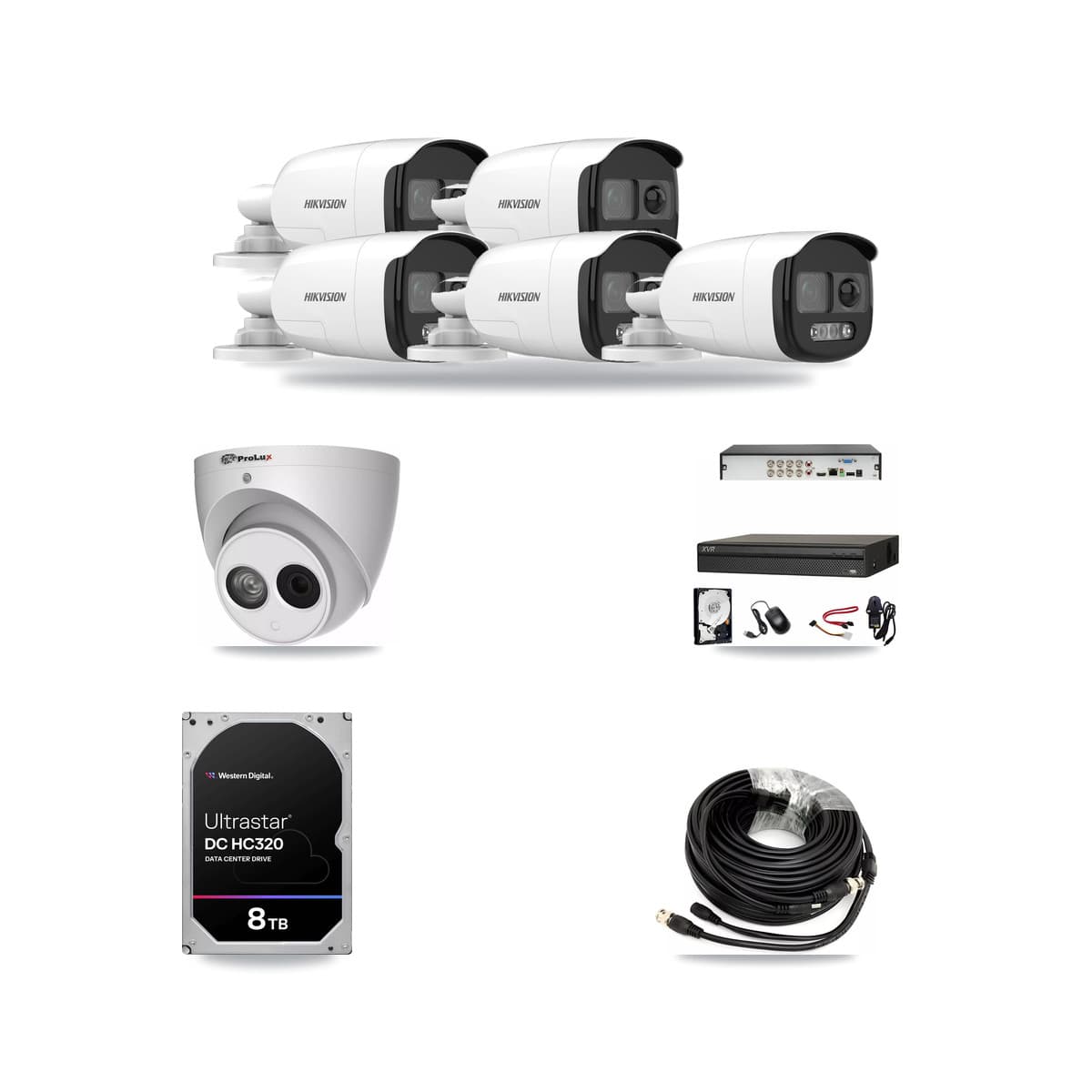8-Channel 4MP – 5MP CCTV Kit — 5 DS-2CE12KF3T 5MP Bullet + 1 PXC-612C4W-A 4MP Turret Cameras + 8TB Recording (XVR-3108AD Recorder) - Image 1
