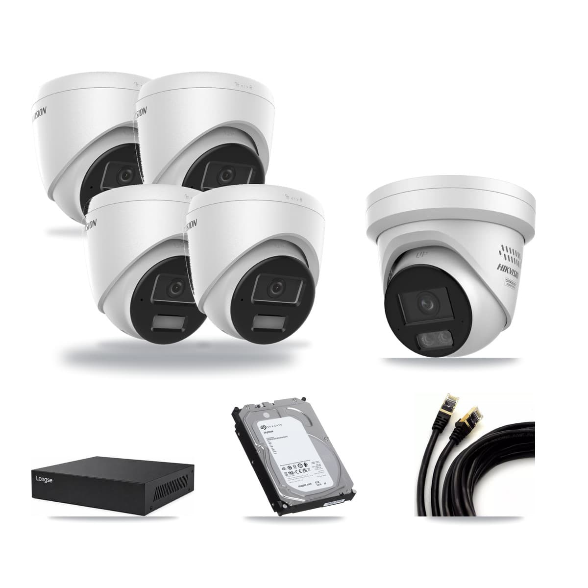 Hikvision & Longse 8-Channel 4MP CCTV Kit — 4 DS-2CD1343G2 + 1 DS-2CD2347G3 Turret Cameras + 6TB Recording - Image 1