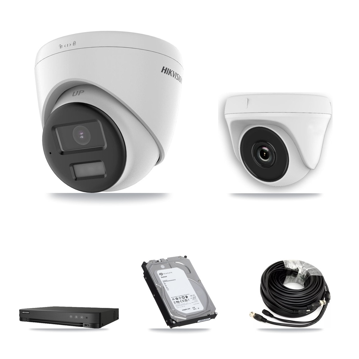 Hikvision 8-Channel 2MP – 5MP CCTV Kit — 3 DS-2CE78K0T 5MP Turret + 1 White HDT-2MP-N20W 2MP Dome Cameras + 6TB Recording (IDS-7208HQHI Recorder) - Image 1