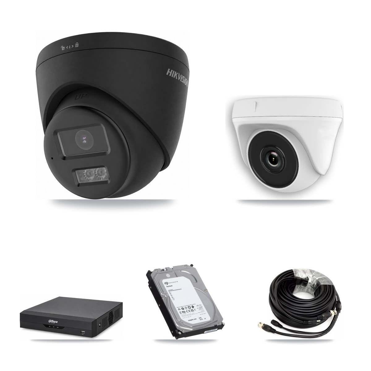 Hikvision & Dahua 4-Channel 2MP – 4K CCTV Kit — 2 Black 4K Turret + 1 White 2MP Dome Cameras + 6TB Recording