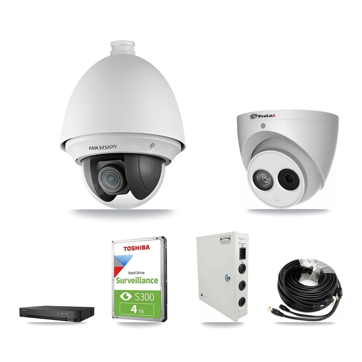 Hikvision & Prolux 4-Channel 2MP – 4MP CCTV Kit — 2 DS-2AE4225T 2MP PTZ + 2 PXC-612C4W-A 4MP Turret Cameras + 4TB Recording