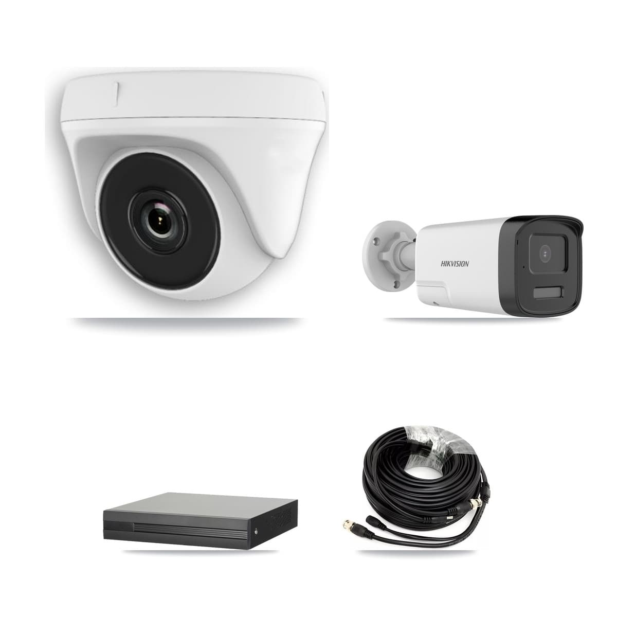 Hikvision 4-Channel 2MP – 5MP CCTV Kit — 1 DS-2CE17K0T 5MP Bullet + 3 White HDT-2MP-N20W 2MP Dome Cameras + 3TB Recording (XVR-3104HS Recorder)