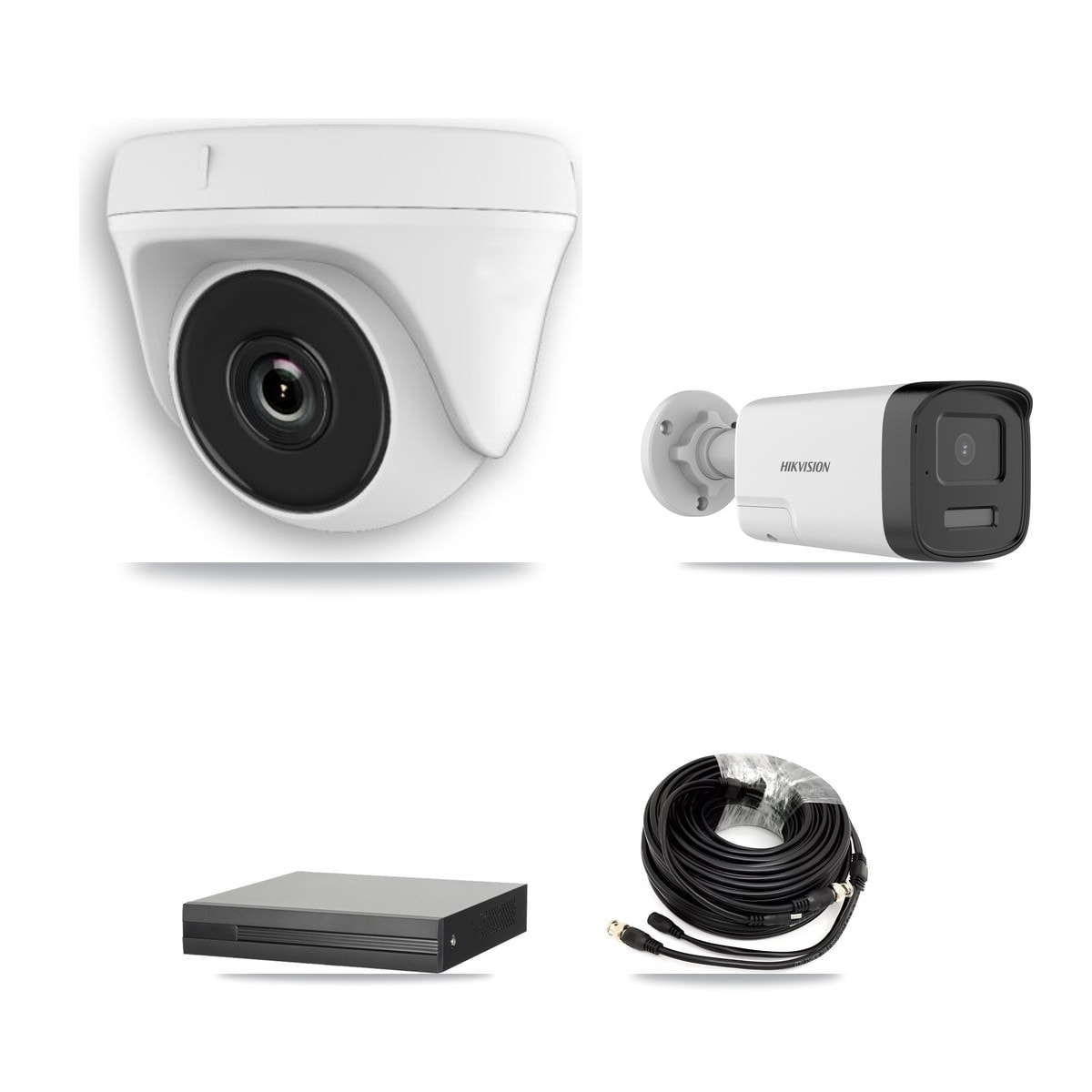 Hikvision 4-Channel 2MP – 5MP CCTV Kit — 1 DS-2CE17K0T 5MP Bullet + 3 White HDT-2MP-N20W 2MP Dome Cameras + 3TB Recording (XVR-3104HS Recorder)