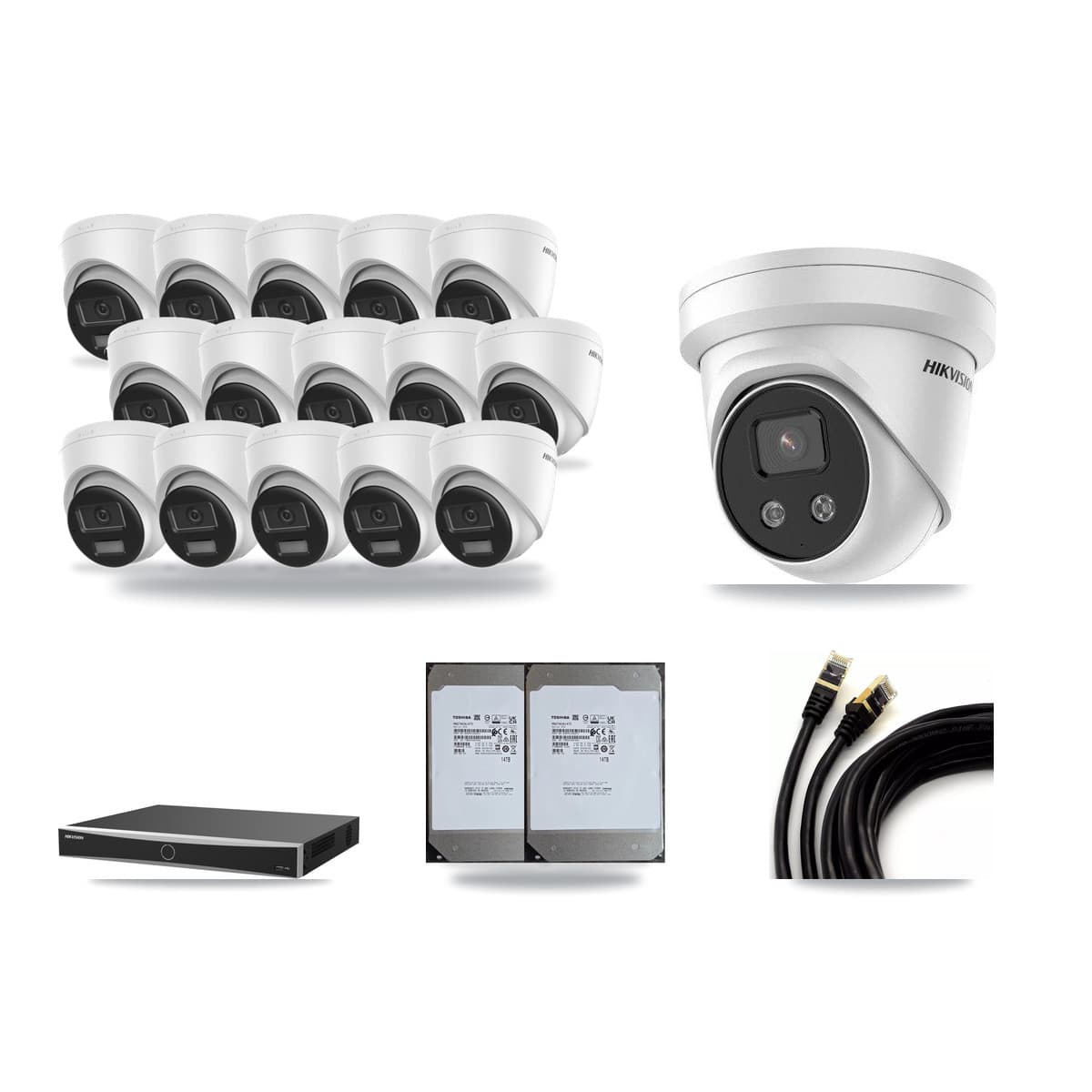 Hikvision 16-Channel 5MP – 4K CCTV Kit — 15 DS-2CD1383G2-LIU 4K + 1 DS-2CD3356G2-ISU 5MP Turret Cameras + 2× 14TB Recording (DS-7616NXI-K2/16P(E) Recorder) - Image 1