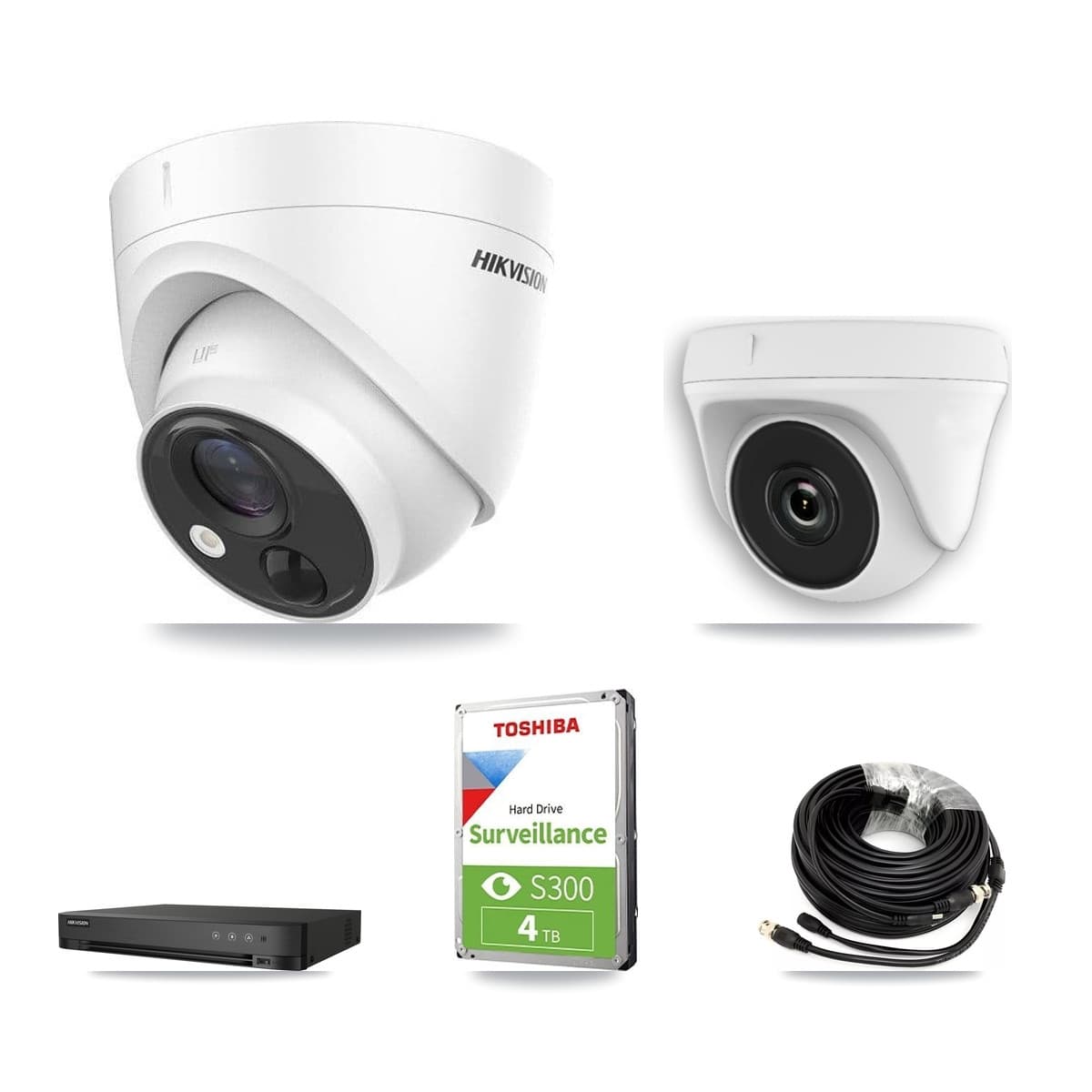 Hikvision 4-Channel 2MP – 5MP CCTV Kit — 2 DS-2CE71H0T 5MP Turret + 2 White HDT-2MP-N20W 2MP Dome Cameras + 4TB Recording - Image 1