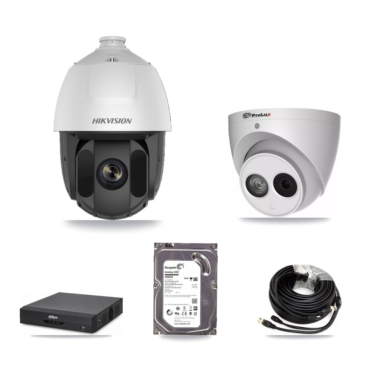 4-Channel 2MP – 4MP CCTV Kit — 1 DS-2AE5225TI 2MP PTZ + 1 PXC-612C4W-A 4MP Turret Cameras + 2TB Recording (DH-XVR5104HS Recorder)