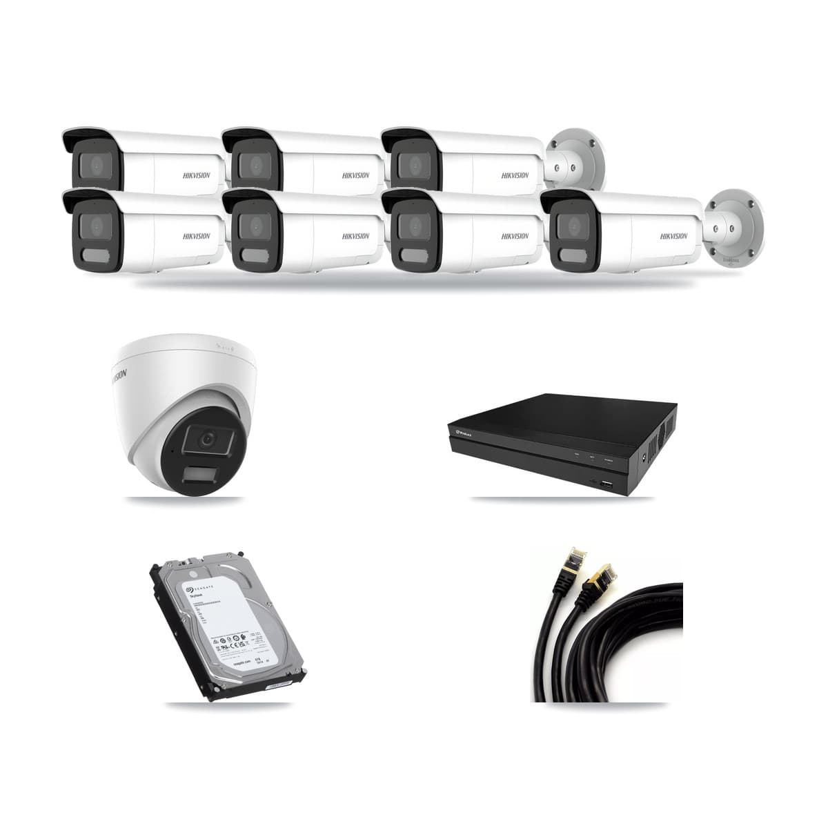 Hikvision & Prolux 8-Channel 4MP CCTV Kit — 1 DS-2CD1343G2 Turret + 7 DS-2CD2T47G2H Bullet Cameras + 6TB Recording - Image 1