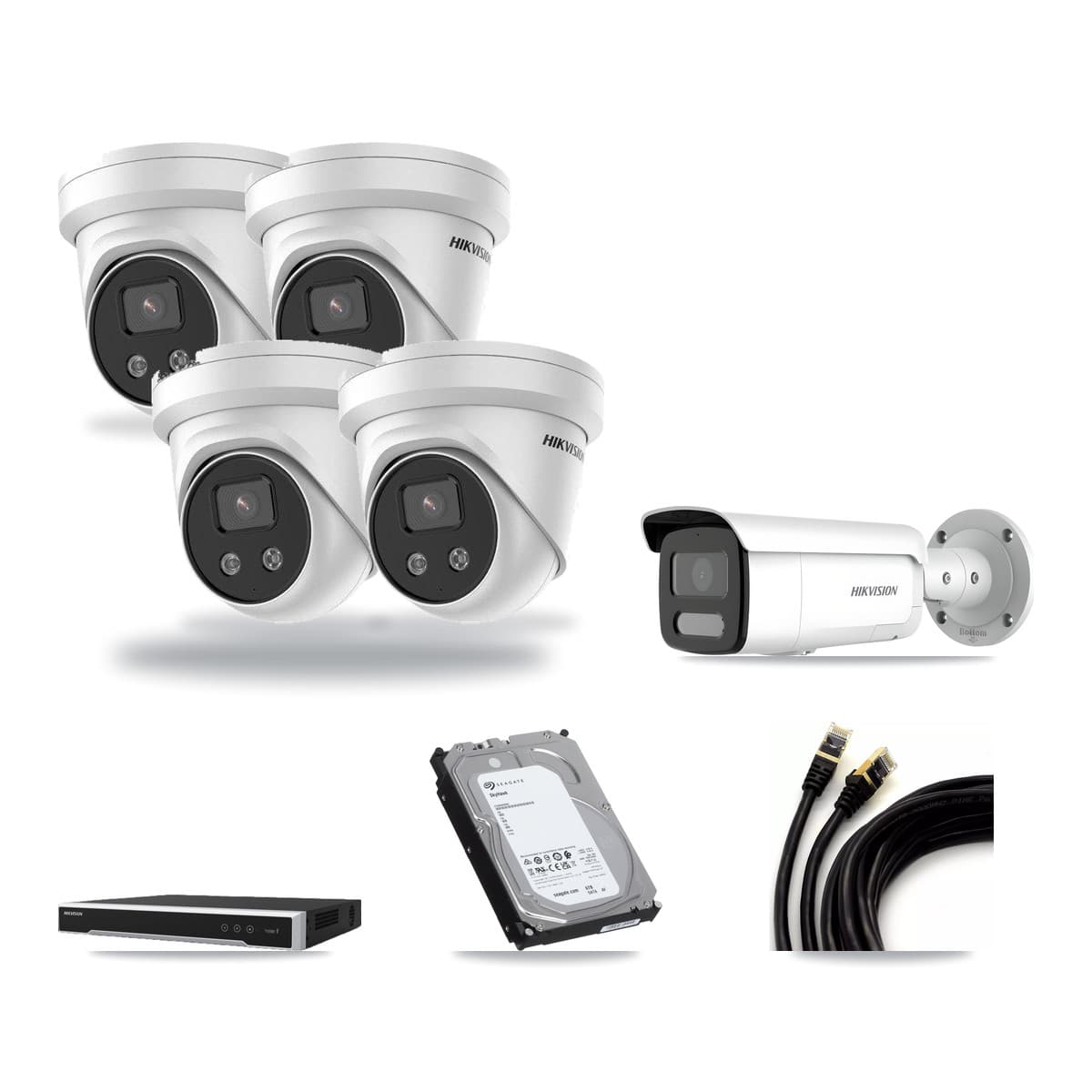 Hikvision 8-Channel 4MP – 5MP CCTV Kit — 1 4MP Bullet + 4 5MP Turret Cameras + 6TB Recording (DS-7608NI-M2 Recorder) - Image 1