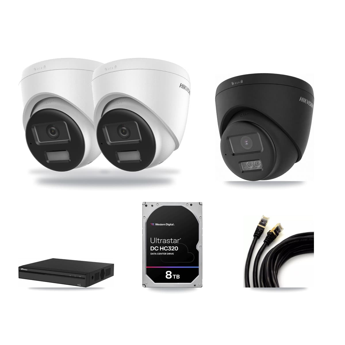 Hikvision & Prolux 4-Channel 4K CCTV Kit — 2 DS-2CD1383G2 + 1 Black DS-2CD1383G2 Turret Cameras + 8TB Recording - Image 1