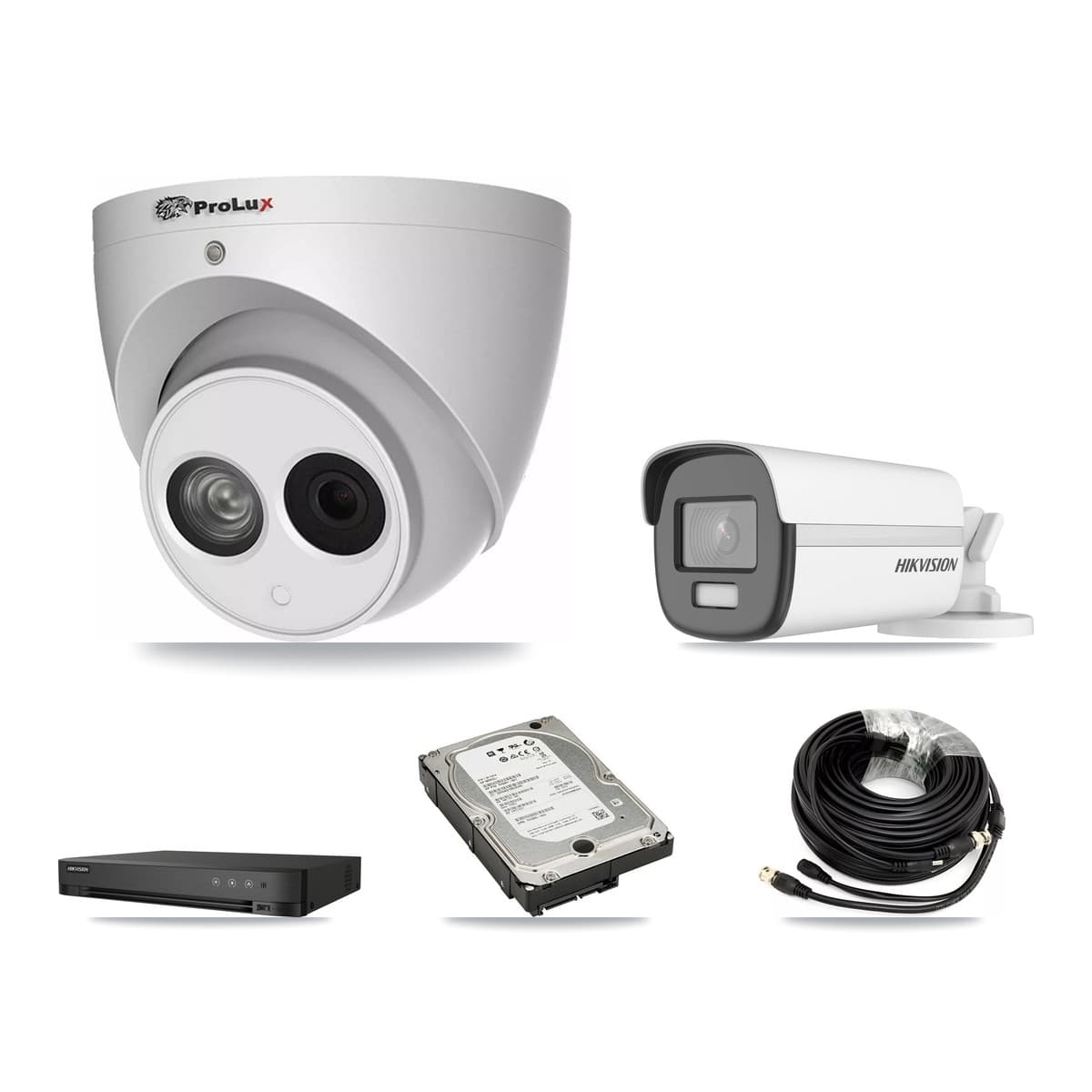 Hikvision & Prolux 4-Channel 4MP – 4K CCTV Kit — 1 4K Bullet + 2 4MP Turret Cameras + 5TB Recording (DS-7204HUHI Recorder)