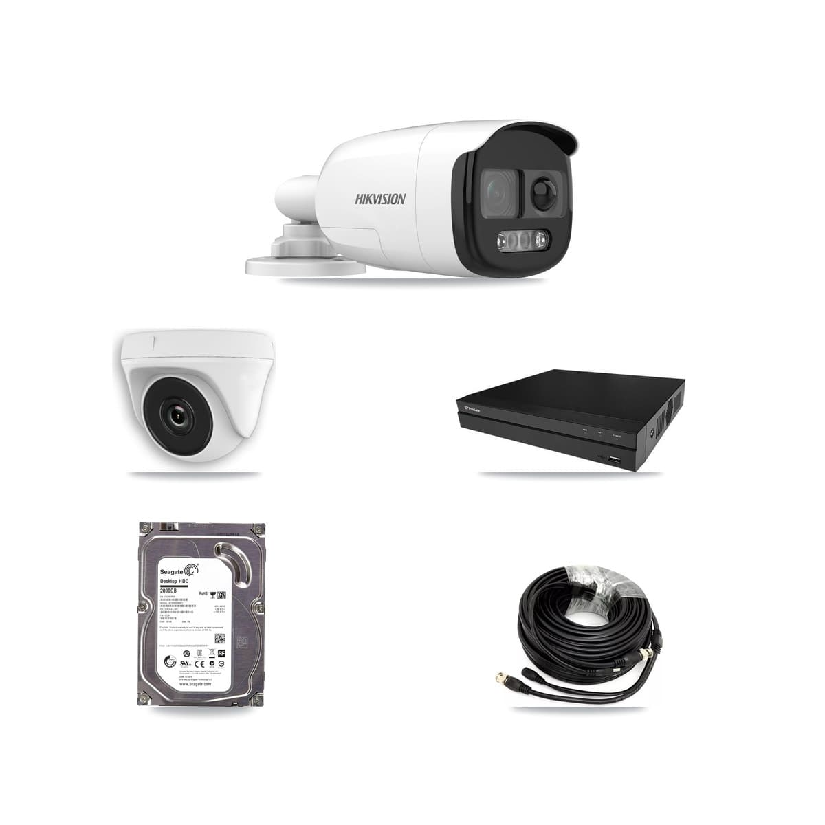 Hikvision & Prolux 8-Channel 2MP – 5MP CCTV Kit — 1 DS-2CE12KF3T 5MP Bullet + 1 White HDT-2MP-N20W 2MP Dome Cameras + 2TB Recording (PXD-5208AN Recorder)