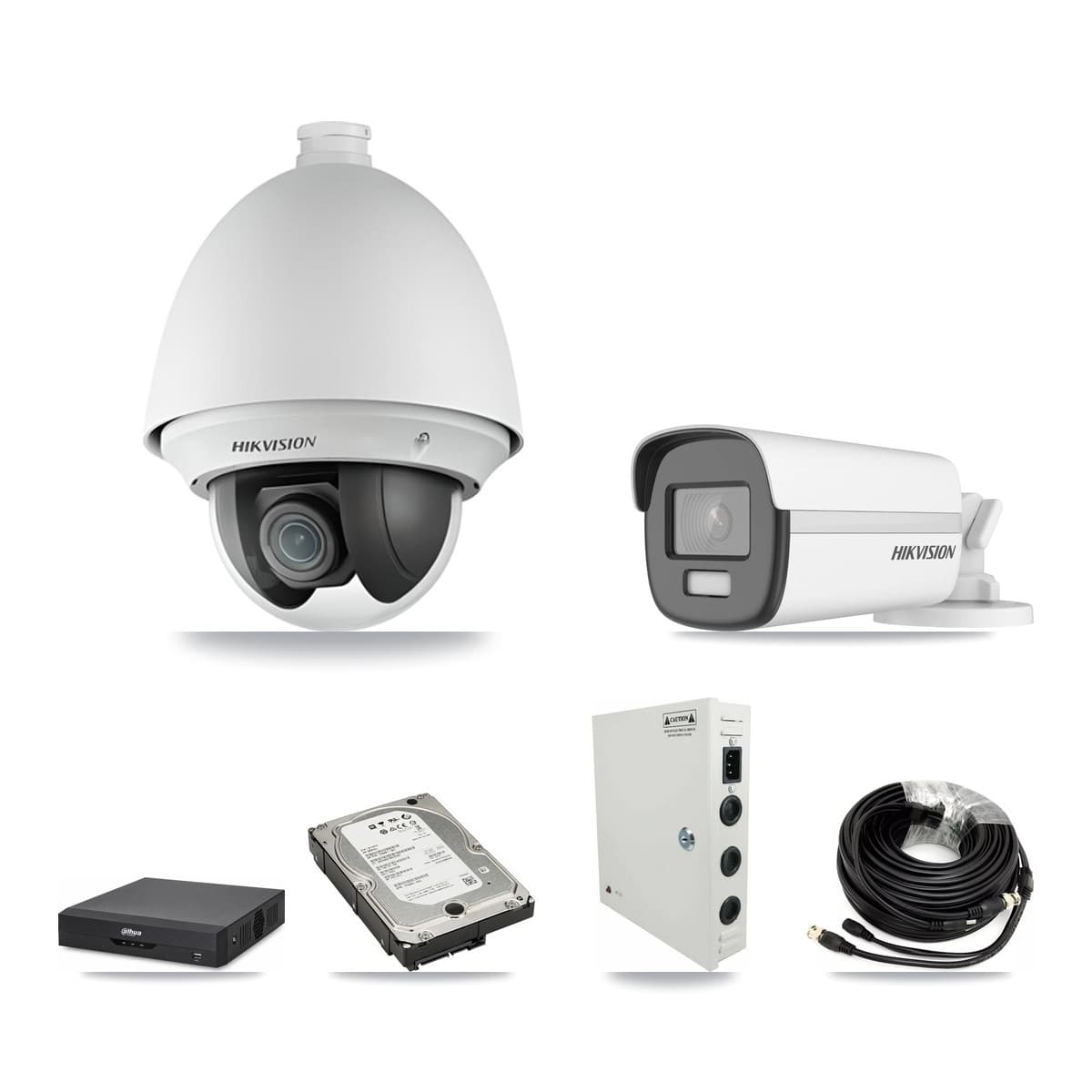 Hikvision & Dahua 4-Channel 2MP – 4K CCTV Kit — 3 2MP PTZ + 1 4K Bullet Cameras + 5TB Recording