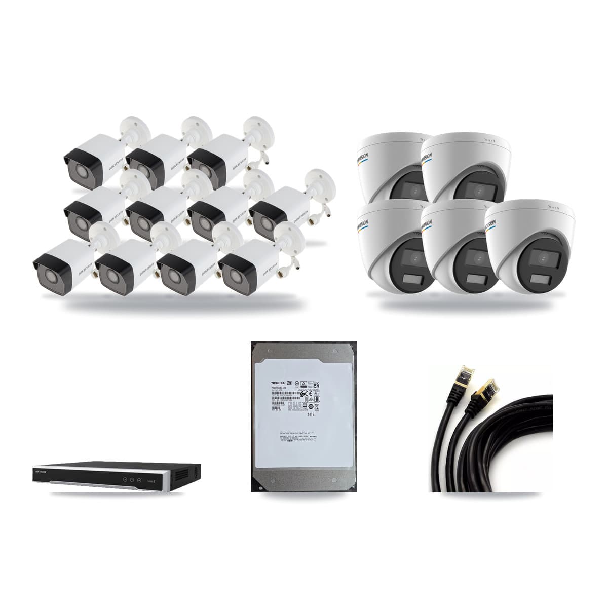 Hikvision 16-Channel 2MP – 5MP CCTV Kit — 11 5MP Bullet + 5 2MP Turret Cameras + 14TB Recording (DS-7616NI-M2 Recorder) - Image 1