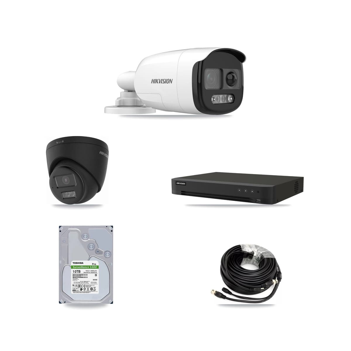 Hikvision 8-Channel 5MP – 4K CCTV Kit — 4 DS-2CE12KF3T-PIRXO 5MP Bullet + 2 Black DS-2CE78U0T-LTS-BLACK 4K Turret Cameras + 10TB Recording (IDS-7208HUHI-M1/XT Recorder)
