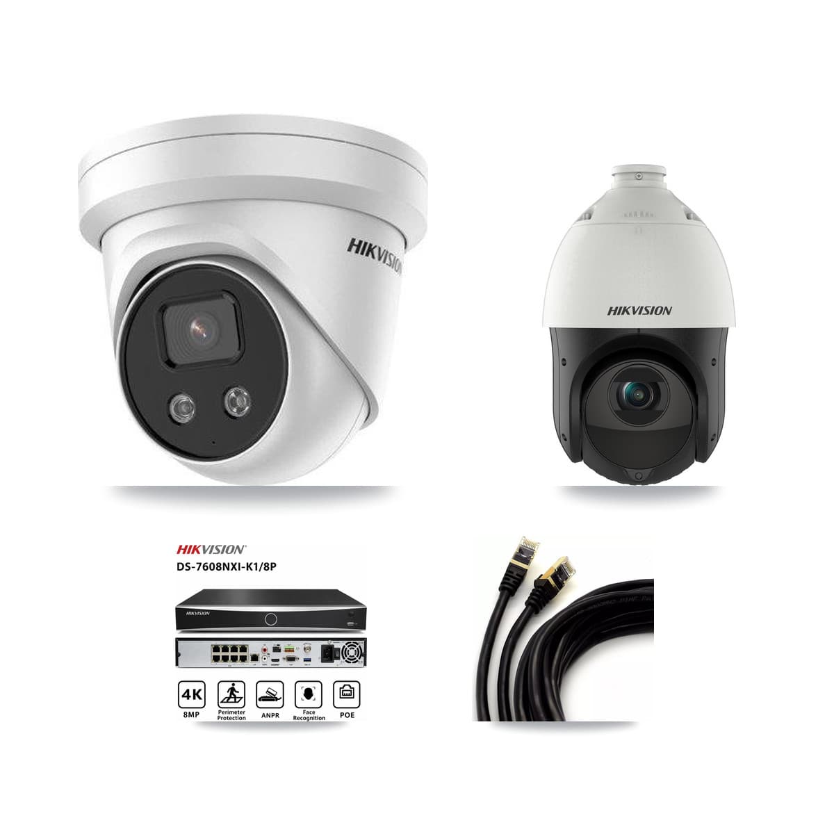 Hikvision 8-Channel 4MP – 5MP CCTV Kit — 1 5MP Turret + 1 4MP PTZ Cameras + 3TB Recording (DS-7608NXI Recorder)
