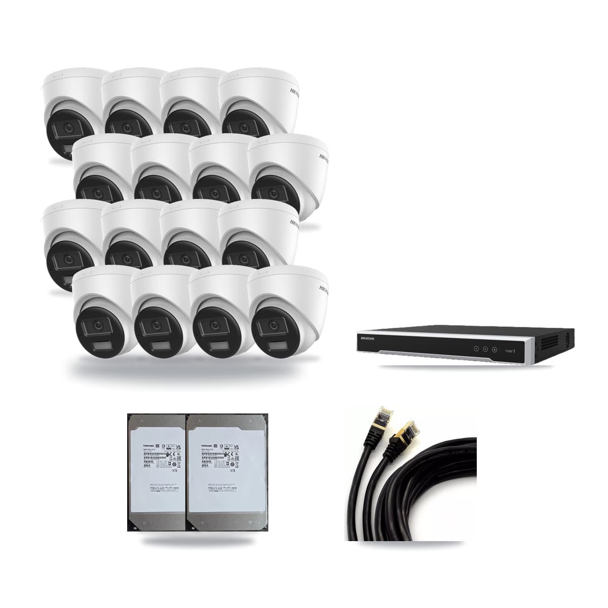 Hikvision 16-Channel 4K CCTV Kit — 16 DS-2CD1383G2-LIU Turret Cameras + 2× 14TB Recording (DS-7616NI-M2/16P Recorder) - Image 1