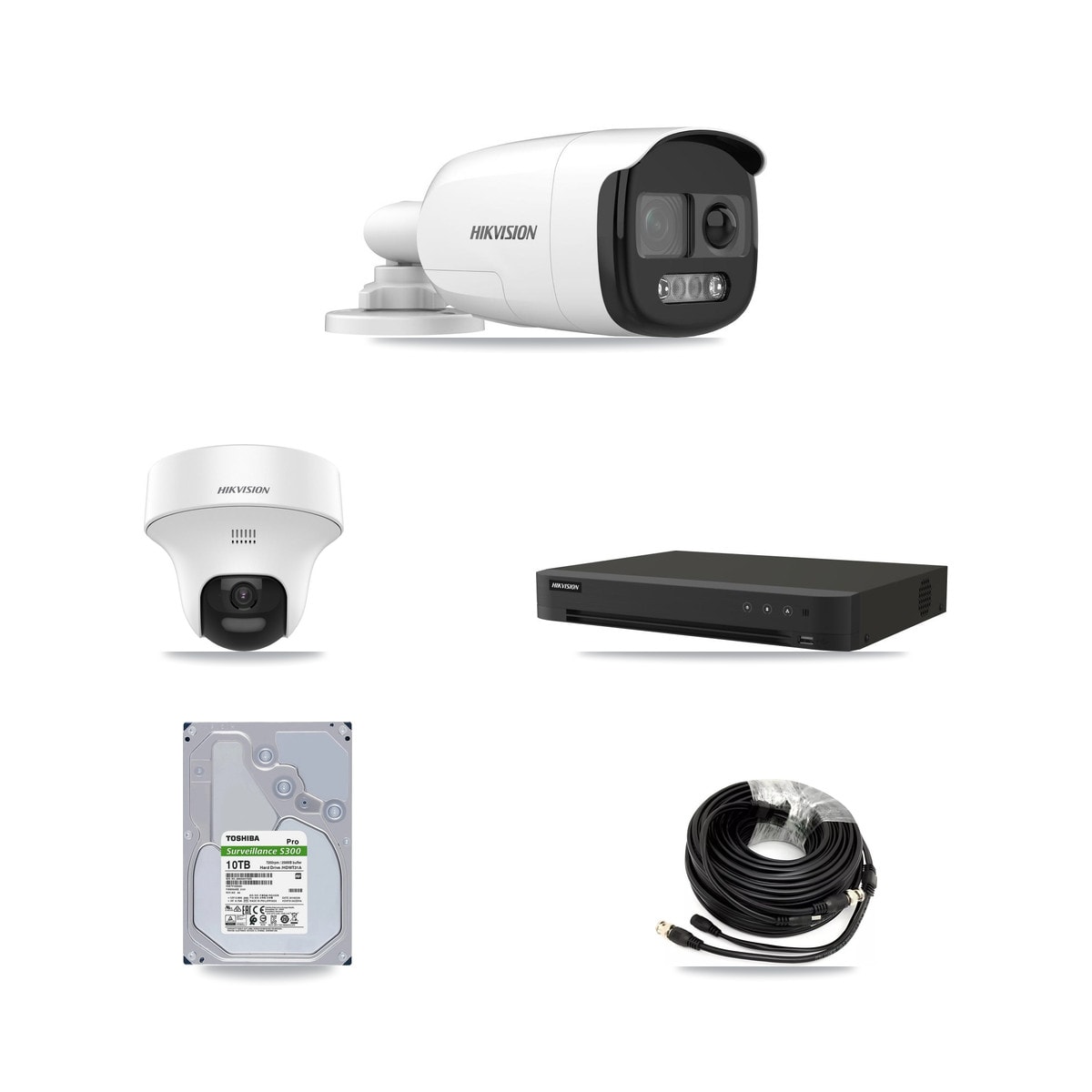 Hikvision 8-Channel 5MP CCTV Kit — 7 DS-2CE12KF3T-PIRXO Bullet + 1 DS-2CE70K0T-PTLTS Turret Cameras + 10TB Recording (IDS-7208HUHI-M1/XT Recorder)