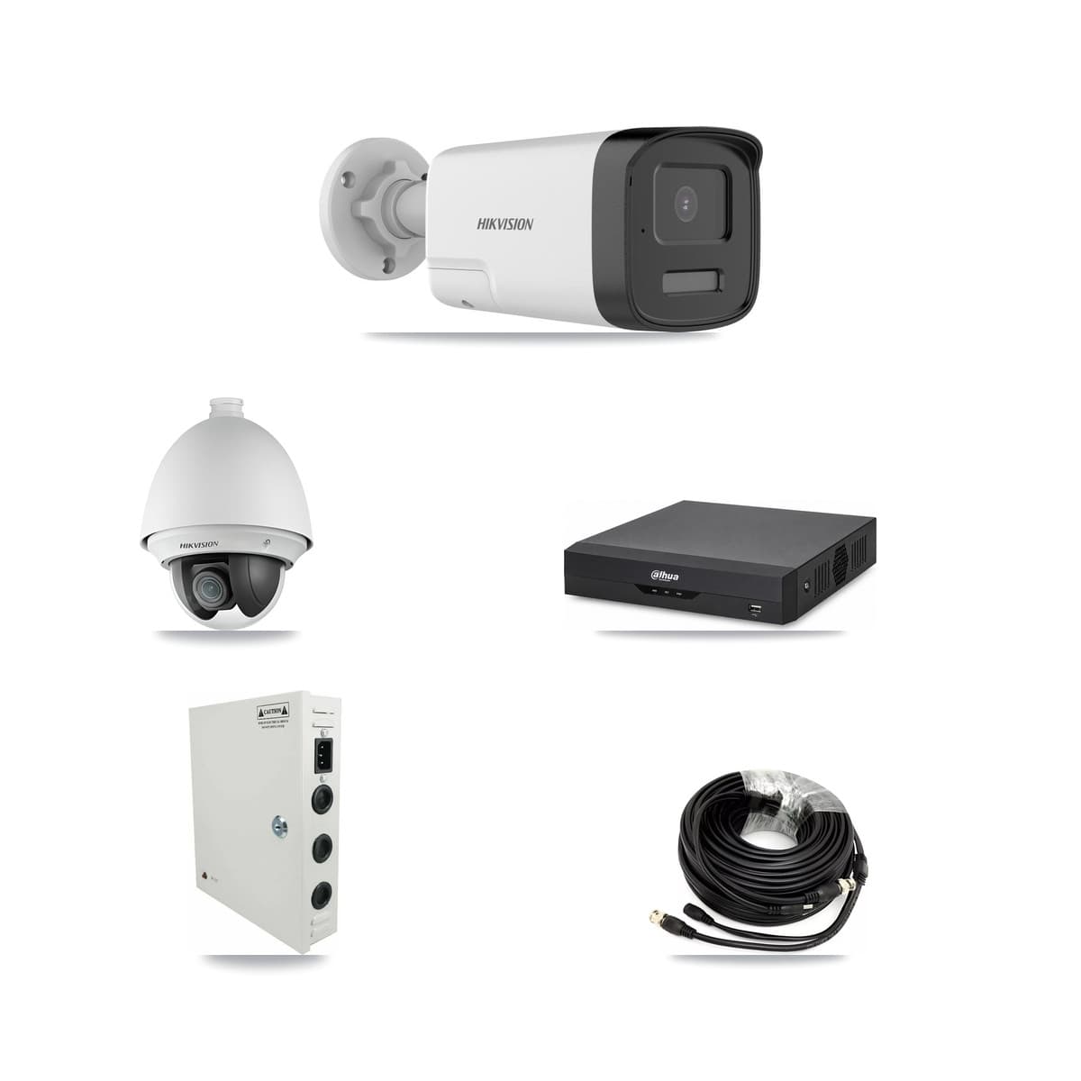 Hikvision & Dahua 4-Channel 2MP – 5MP CCTV Kit — 1 DS-2AE4225T 2MP PTZ + 2 DS-2CE17K0T 5MP Bullet Cameras + 3TB Recording