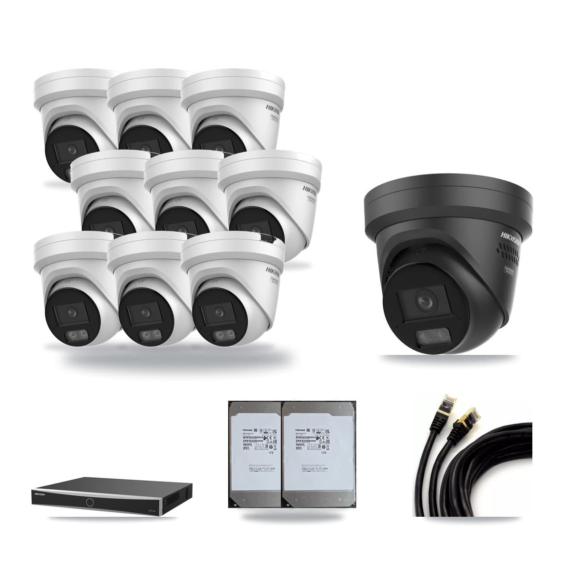 Hikvision 16-Channel 4K CCTV Kit — 9 DS-2CD2387G3 + 1 Black DS-2CD2387G3 Turret Cameras + 2× 14TB Recording - Image 1