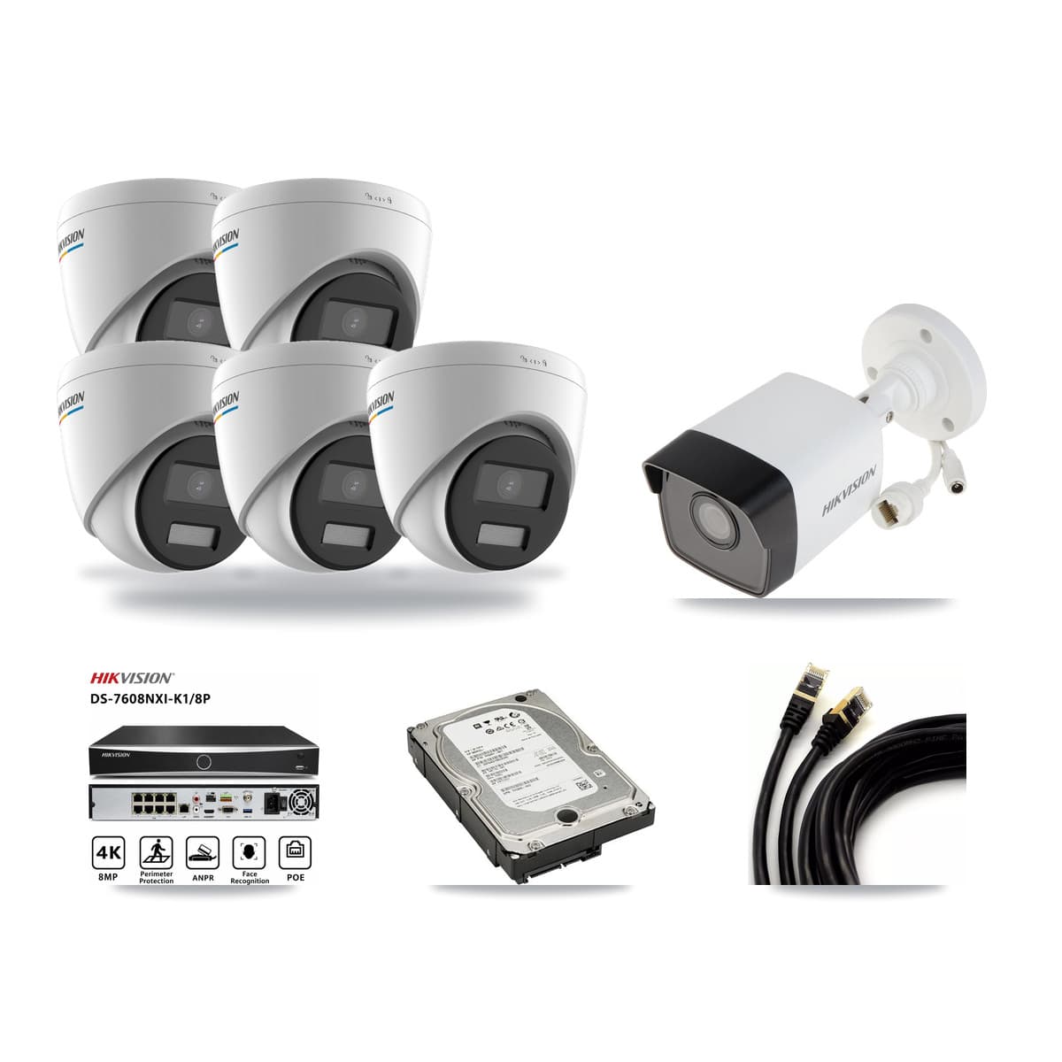 Hikvision 8-Channel 2MP – 5MP CCTV Kit — 1 5MP Bullet + 5 2MP Turret Cameras + 5TB Recording (DS-7608NXI Recorder) - Image 1