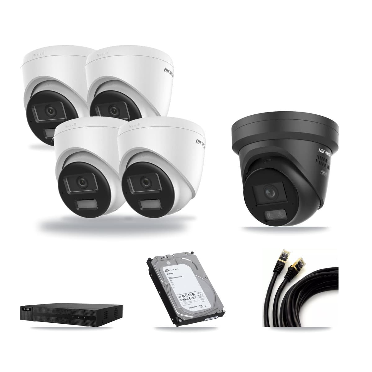 Hikvision & HiLook 8-Channel 4K CCTV Kit — 4 DS-2CD1383G2 + 1 Black DS-2CD2387G3 Turret Cameras + 6TB Recording - Image 1