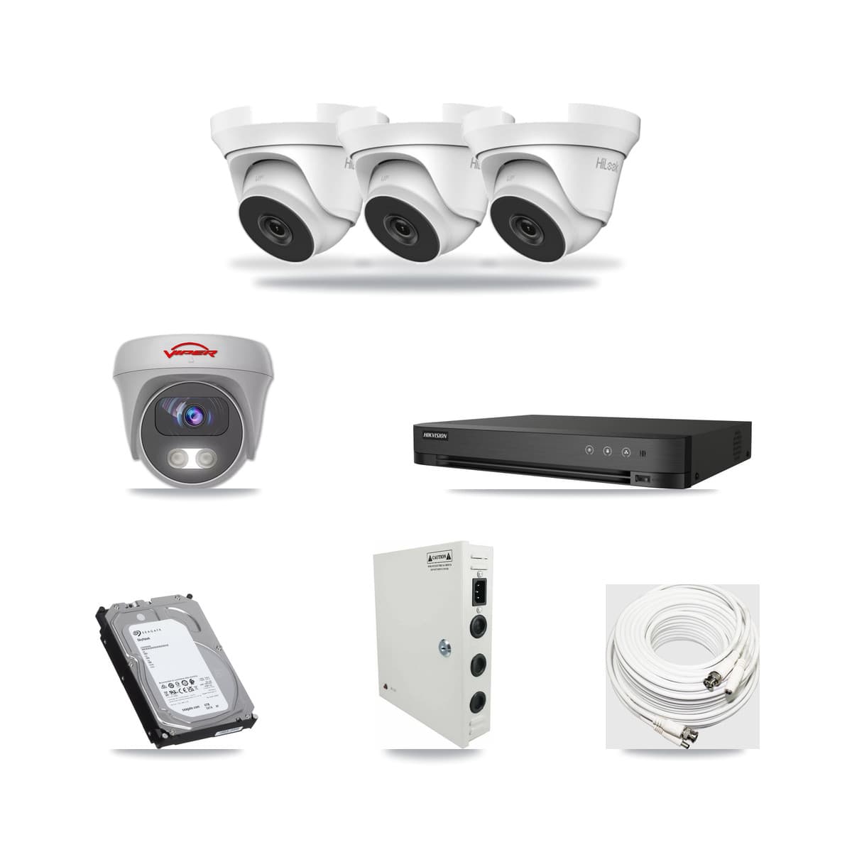 4-Channel 4MP – 5MP CCTV Kit — 3 4MP Turret + 1 White 5MP Cameras + 6TB Recording (IDS-7204HQHI Recorder) - Image 1