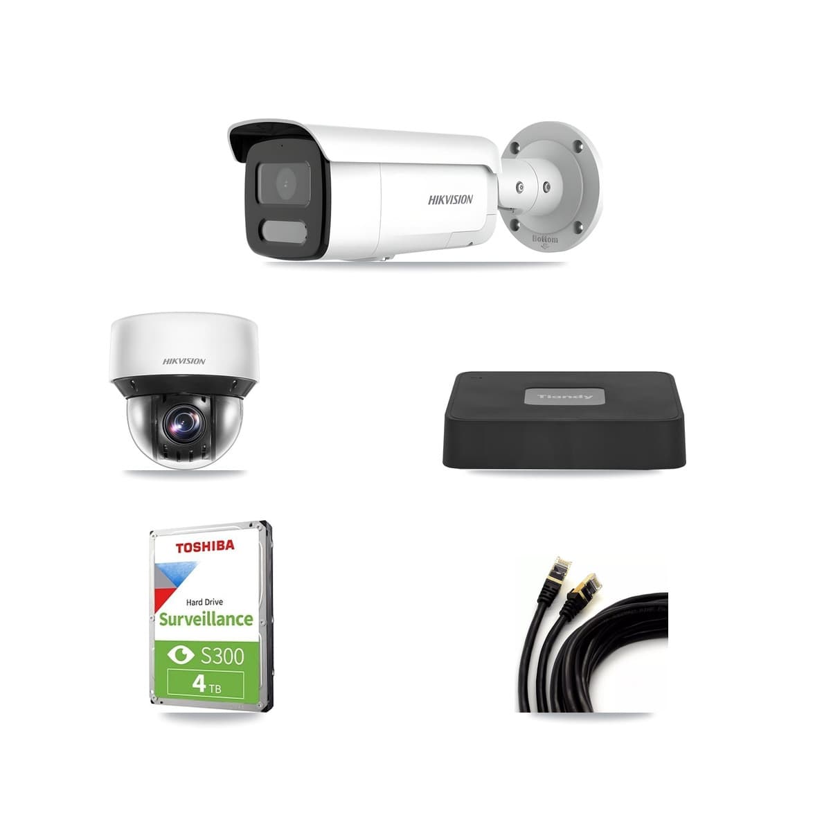 Hikvision & Tiandy 4-Channel 4MP CCTV Kit — 2 DS-2CD2T47G2H Bullet + 1 DS-2DE4A425IW PTZ Cameras + 4TB Recording - Image 1
