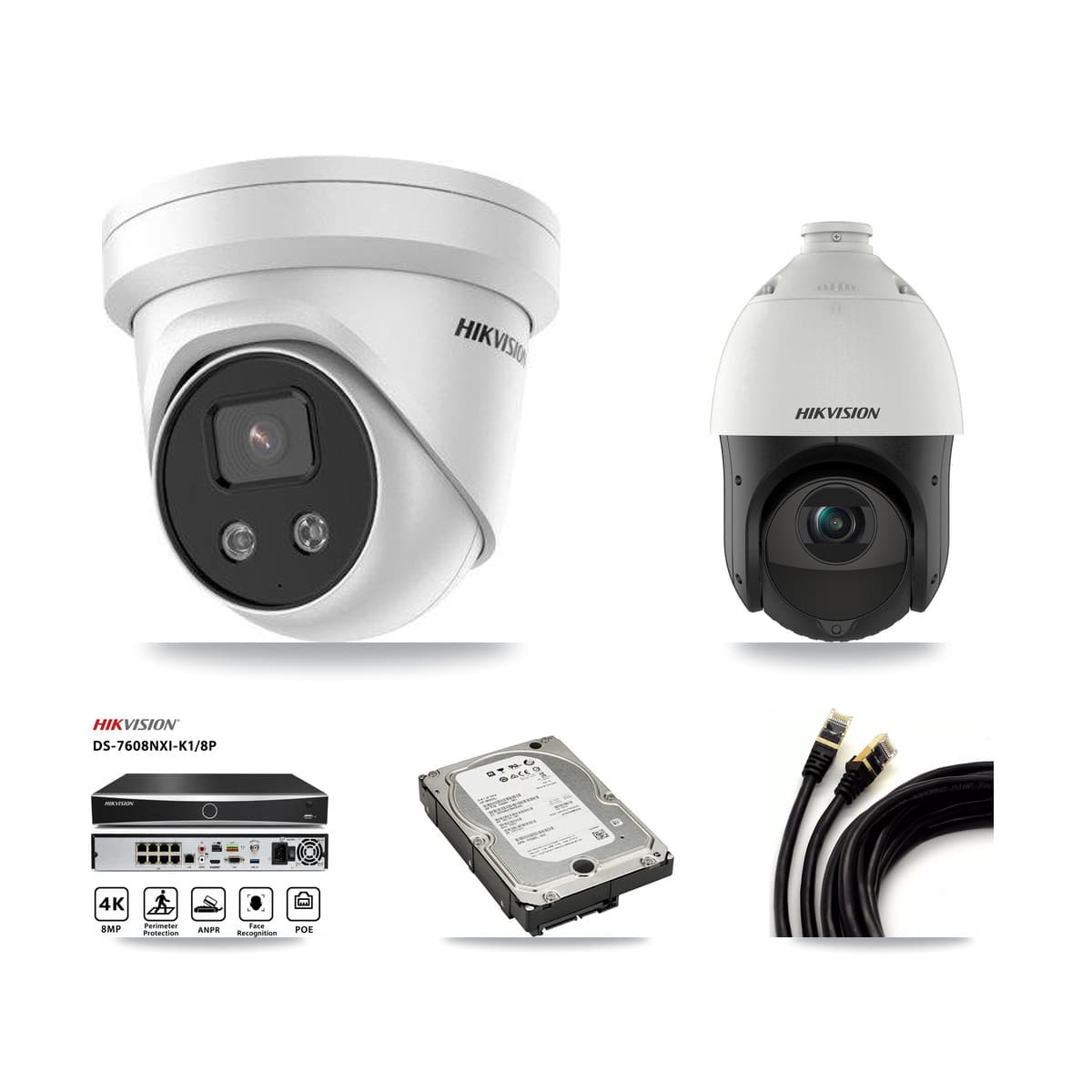 Hikvision 8-Channel 4MP – 5MP CCTV Kit — 3 5MP Turret + 1 4MP PTZ Cameras + 5TB Recording