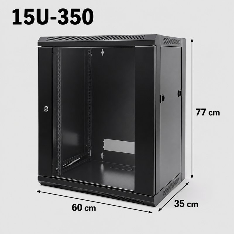 15U 19" Black Data Network Cabinet - Wall-Mount Server & Switch Rack