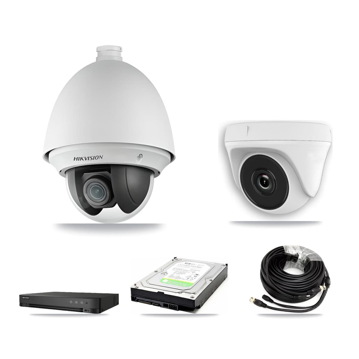 Hikvision 4-Channel 2MP CCTV Kit — 1 DS-2AE4225T PTZ + 1 White HDT-2MP-N20W Dome Cameras + 1TB Recording (DS-7204HGHI Recorder)