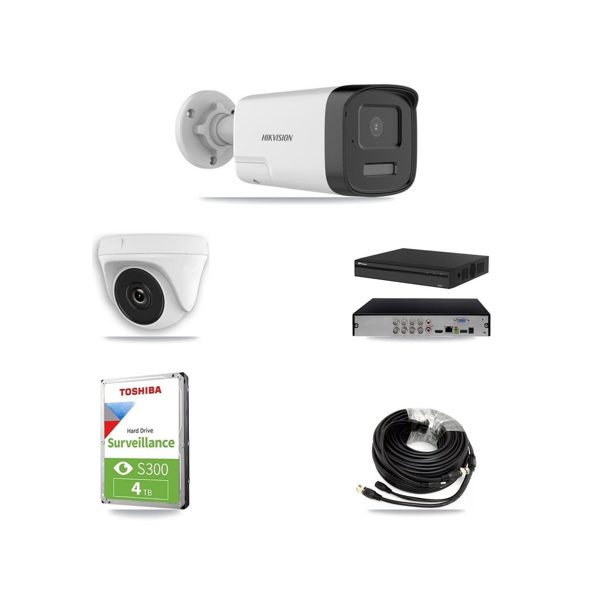Hikvision & Prolux 8-Channel 2MP – 5MP CCTV Kit — 2 DS-2CE17K0T 5MP Bullet + 2 White HDT-2MP-N20W 2MP Dome Cameras + 4TB Recording