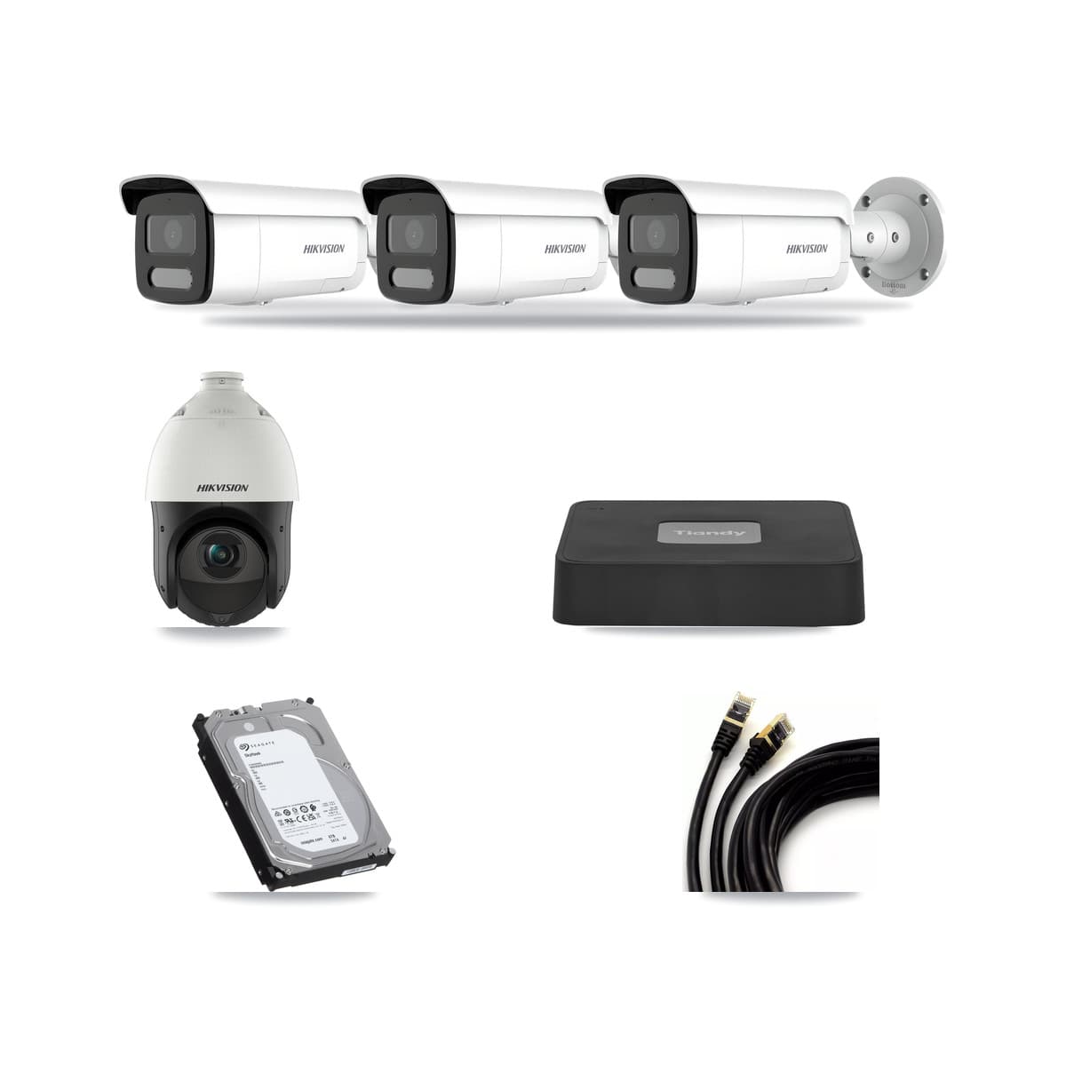Hikvision & Tiandy 4-Channel 4MP CCTV Kit — 3 DS-2CD2T47G2H Bullet + 1 DS-2DE4425IW PTZ Cameras + 6TB Recording - Image 1