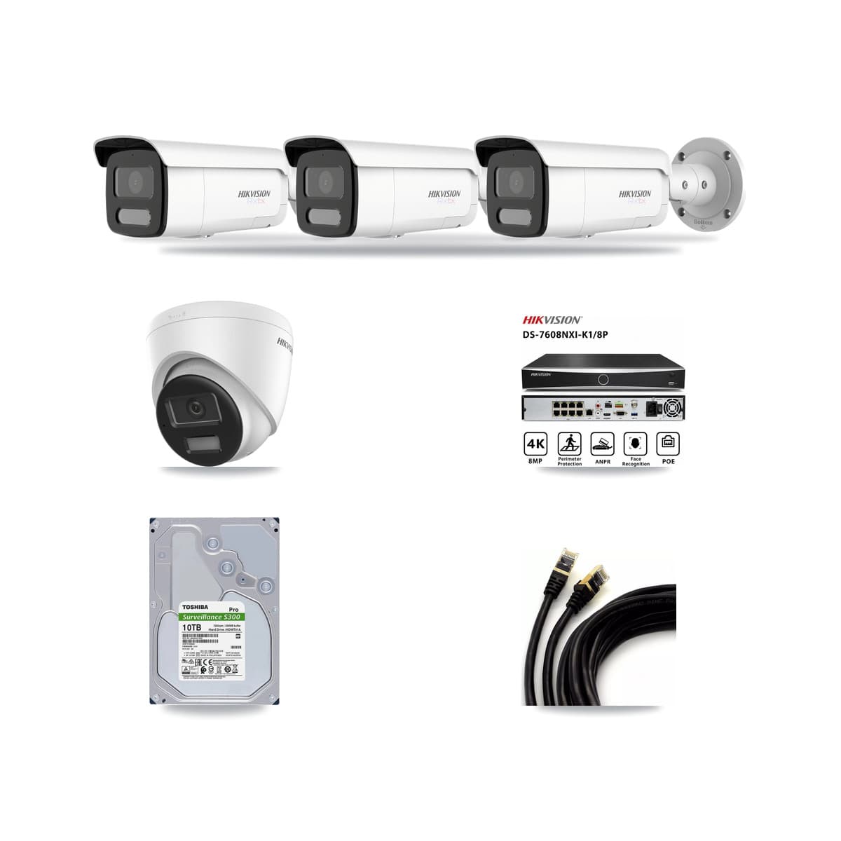 Hikvision 8-Channel 4K CCTV Kit — 1 DS-2CD1383G2-LIU Turret + 3 White DS-2CD2T87G2H-LISU/SL-2.8MM-W Bullet Cameras + 10TB Recording (DS-7608NXI-K1/8P Recorder) - Image 1