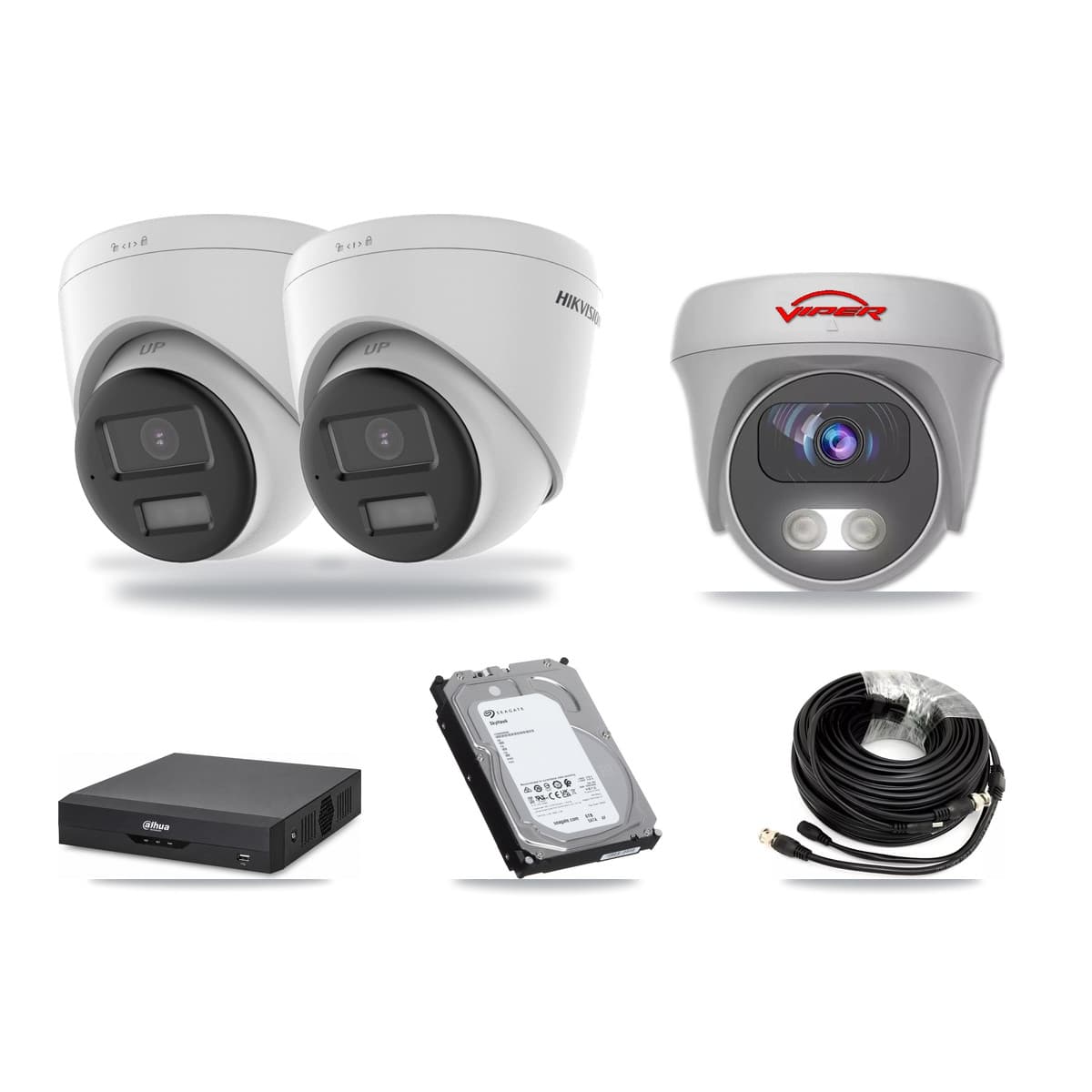 4-Channel 5MP – 4K CCTV Kit — 2 4K Turret + 1 White 5MP Cameras + 6TB Recording (DH-XVR5104HS Recorder) - Image 1
