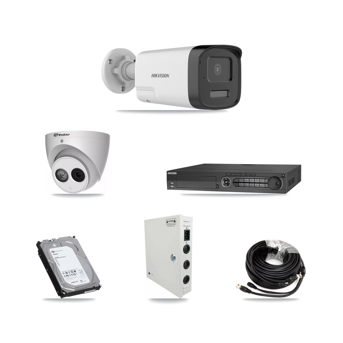 Hikvision & Prolux 32-Channel 4MP – 5MP CCTV Kit — 23 DS-2CE17K0T 5MP Bullet + 1 PXC-612C4W-A 4MP Turret Cameras + 3× 6TB Recording